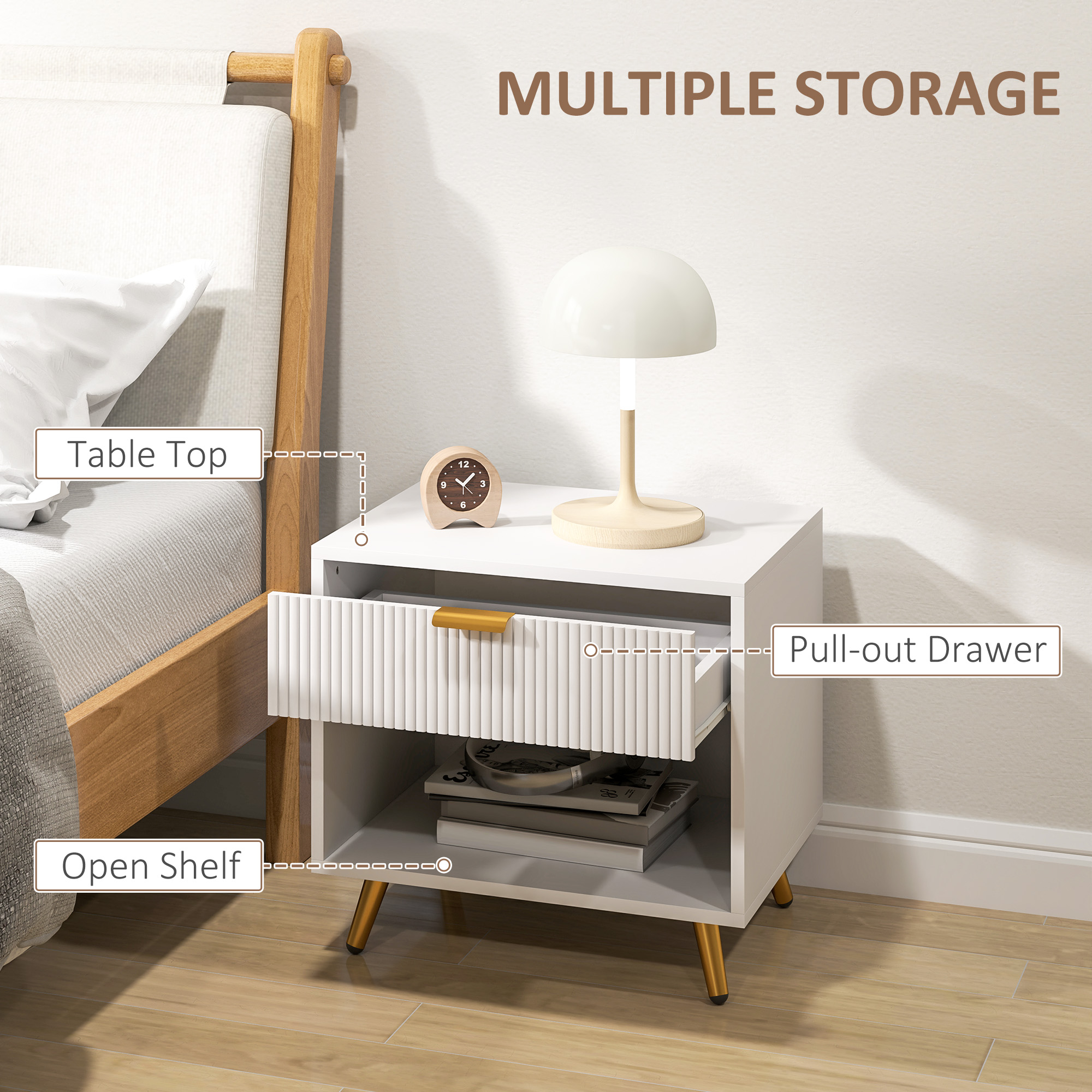 Elegant Bedside Table,with Drawer And Shelf-White/Gold Tone — image 2
