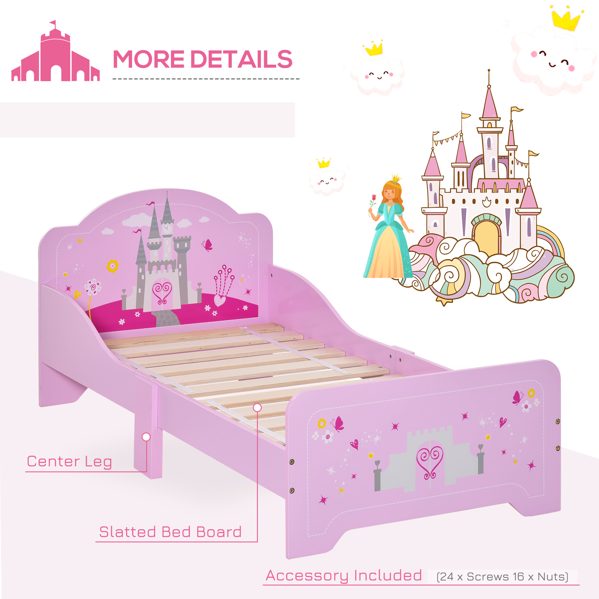 Kids Bed Princess Castle Theme W/ Side Rails Slats Home Furniture For 3-6 Yrs — image 5