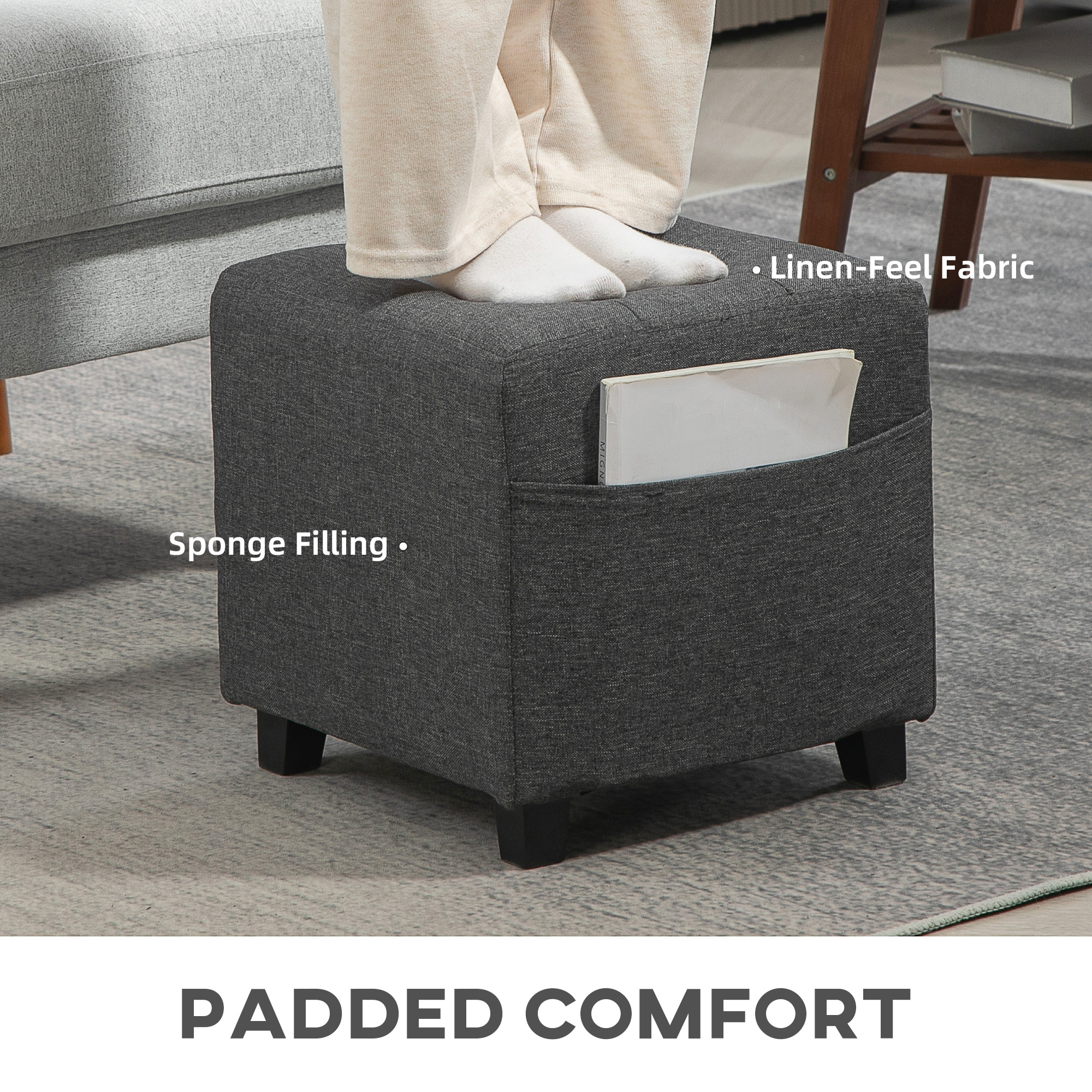 Square Footstool,Small Ottoman With Side Pocket,Linen Fabric Footrest Foot — image 4