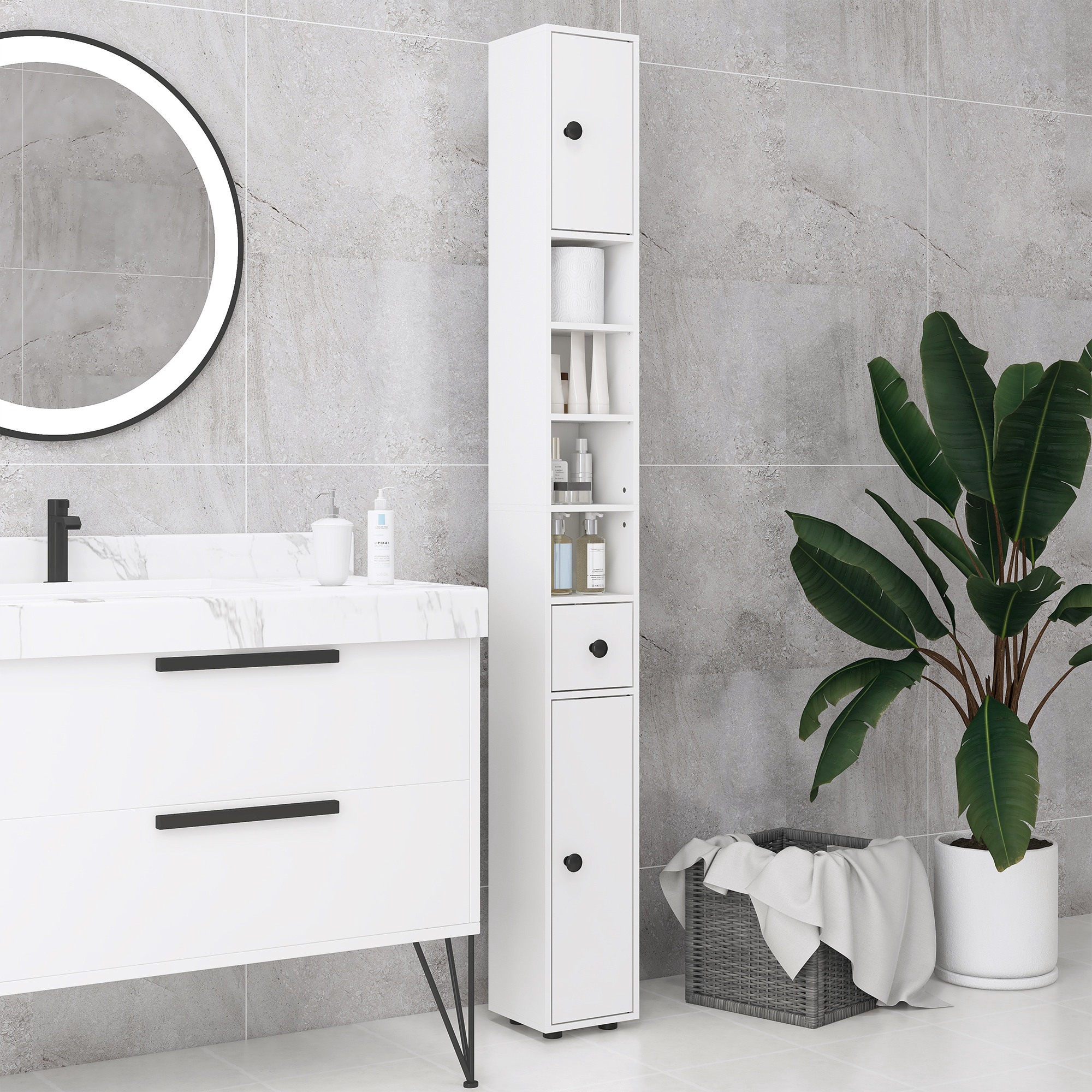 180cm Slim Bathroom Cabinet,with Drawer,Shelves And Cupboards-White