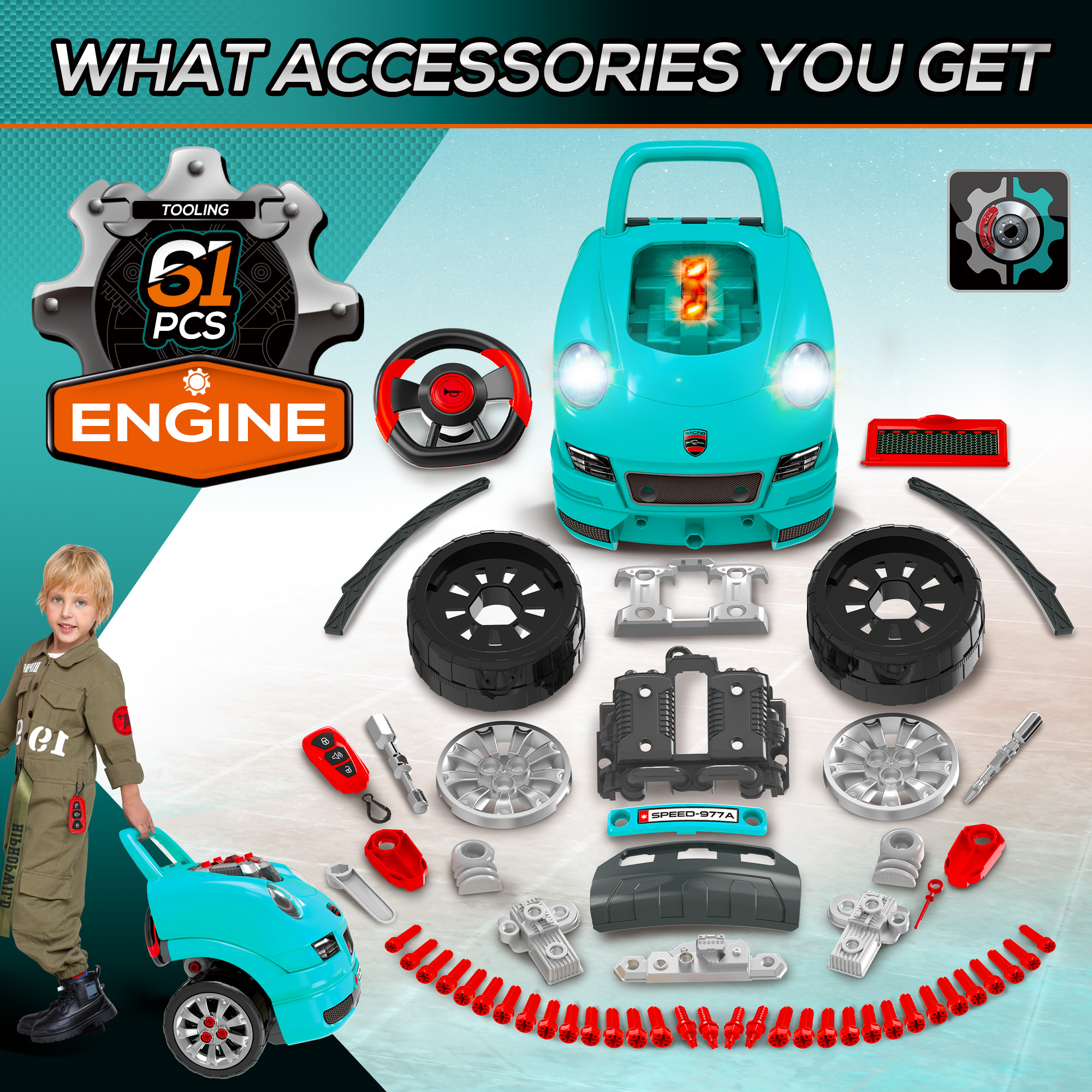 Kids Truck Engine Toy Set,with Horn,Light,Car Key,for Ages 3-5 Years-Teal — image 2