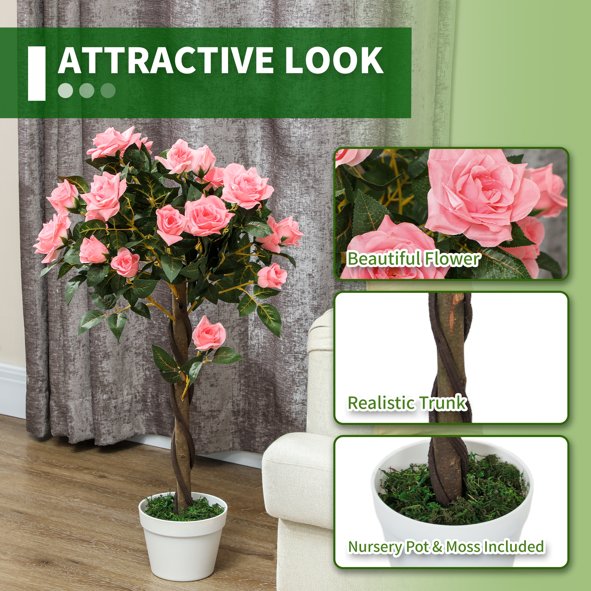 Set Of 2 Artificial Plants Pink Rose Floral In Pot,Fake For Home Indoor — image 2