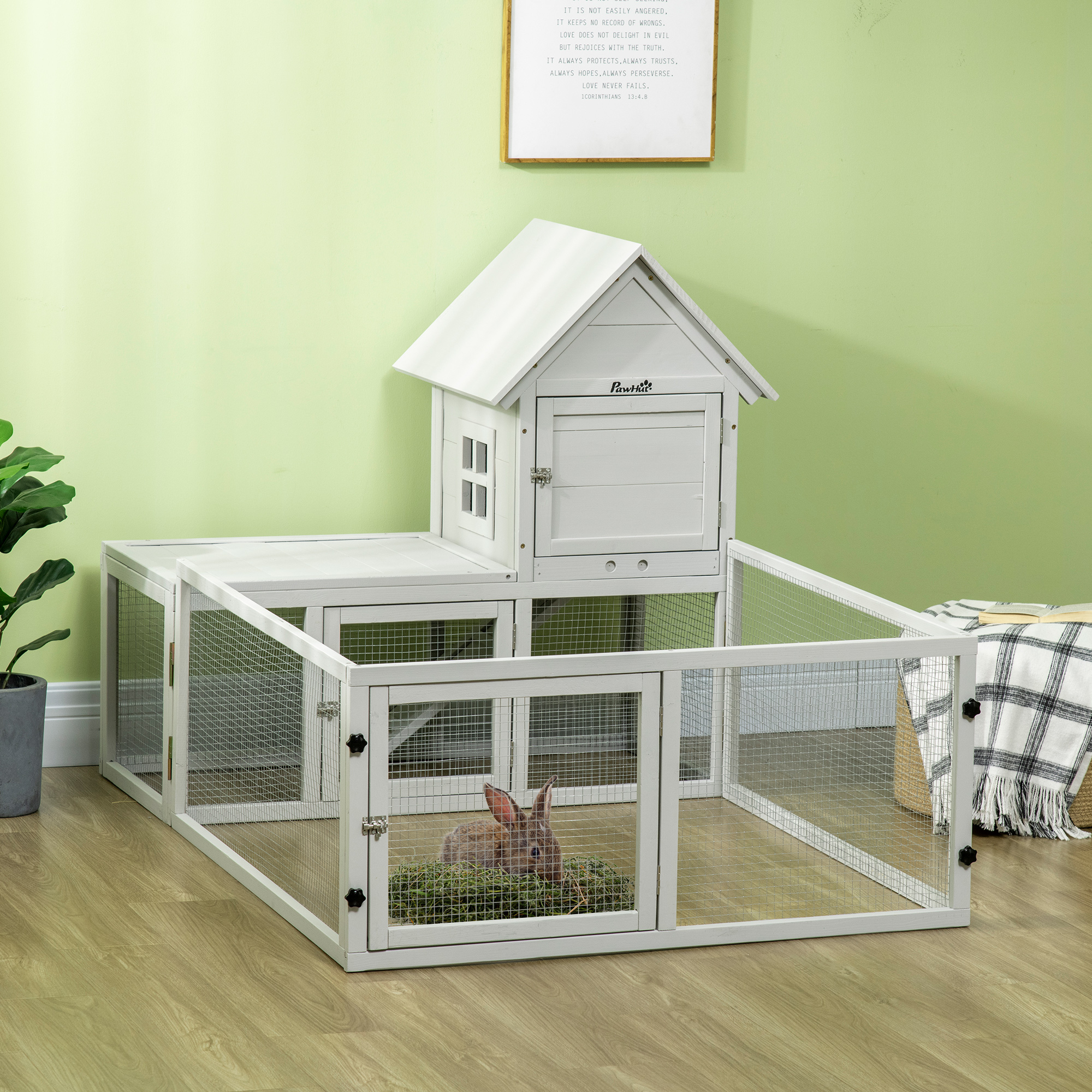 Indoor Rabbit Hutch,Guinea Pig Cage,with Slide-Out Tray,Large Fenced Area-Light Grey detail photo 9