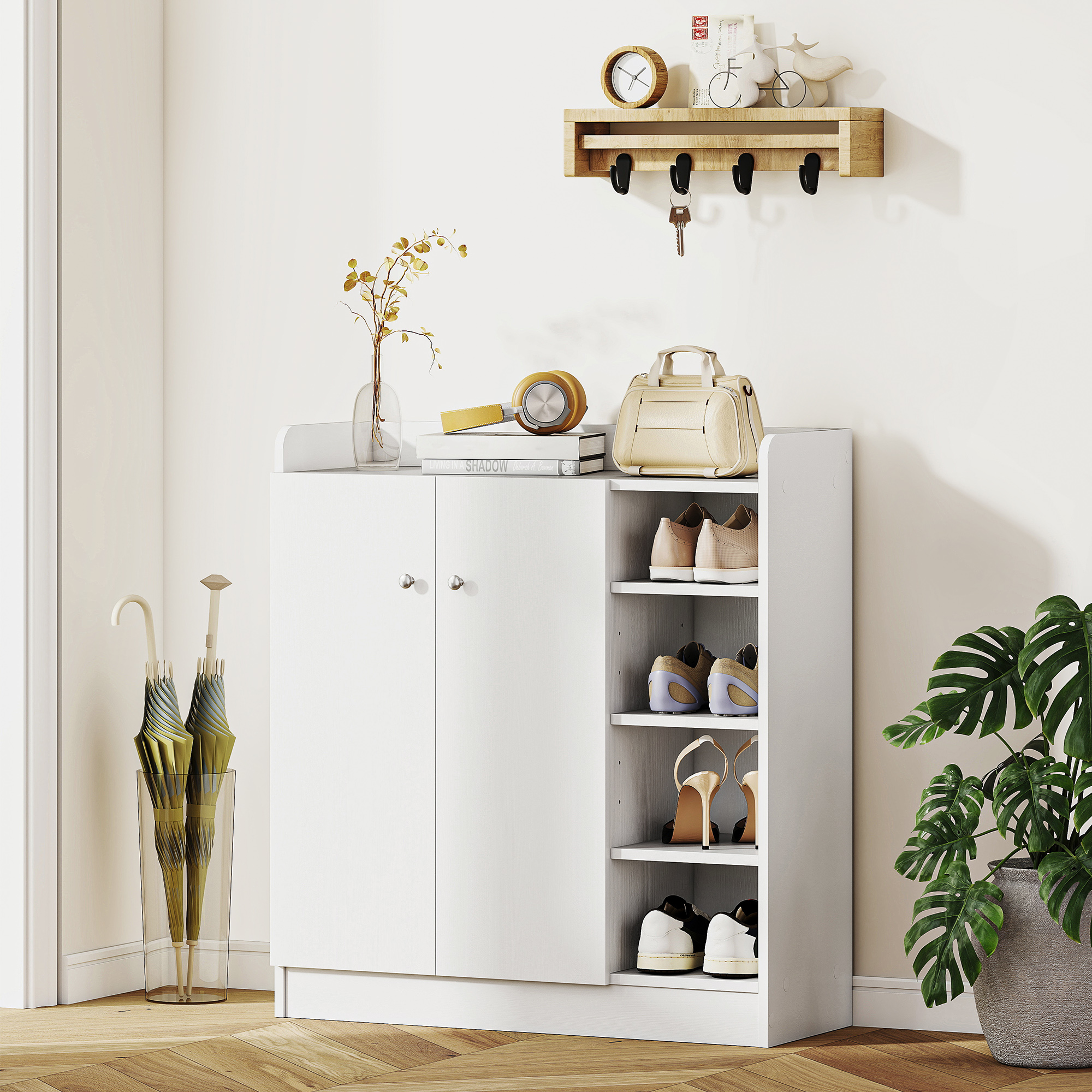 Shoe Storage Cabinet Two Doors W/ Adjustable 4 Shelves Cupboard Footwear Rack — image 4
