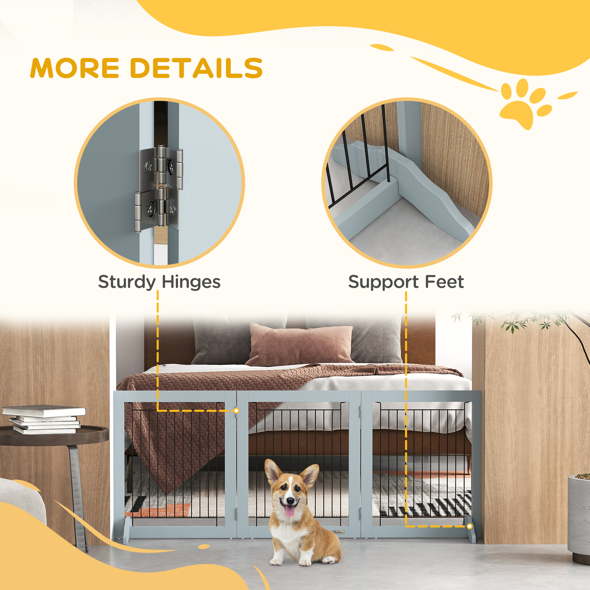 Foldable Pet Gate,with Three Panels & Two Support Feet-Grey — image 5