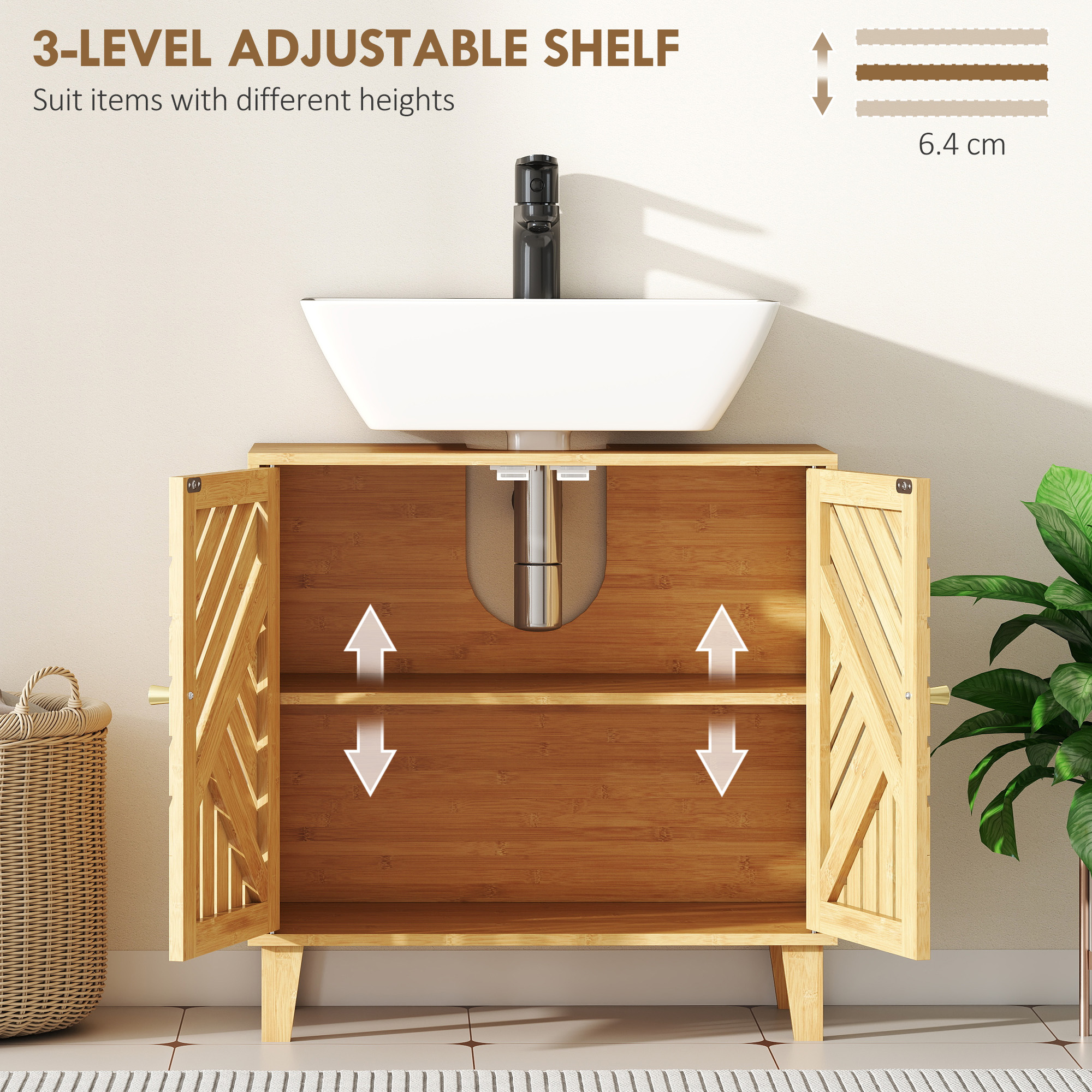 Bamboo Bathroom Under Sink Cabinet With Adjustable Shelf For Basin Without — image 3
