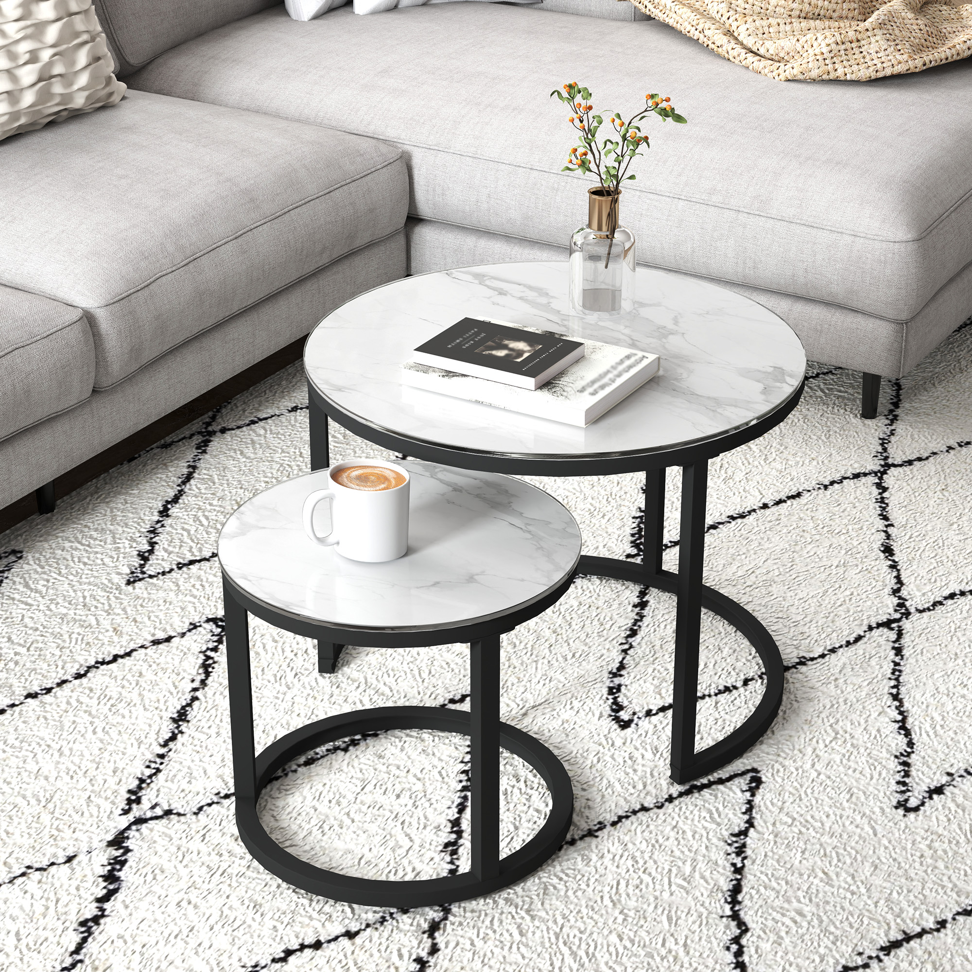 Glass Coffee Table Set Of 2,Round Nest Of Tables With Marble-Effect Tempered