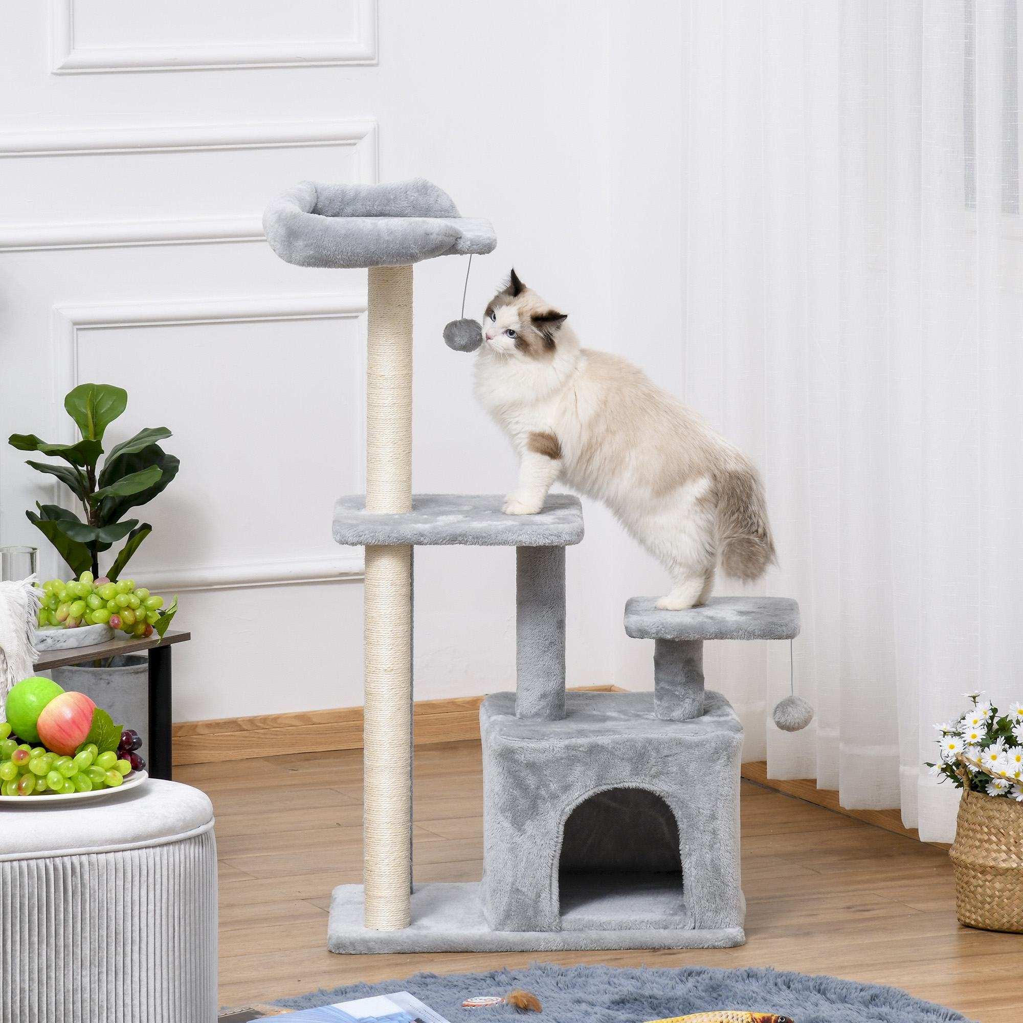 Cat Tree Tower For Indoor Cats 114cm Climbing Activity Centre Kitten With Sisal Scratching Post Perch Hanging Ball Condo Toy Light Grey detail photo 2