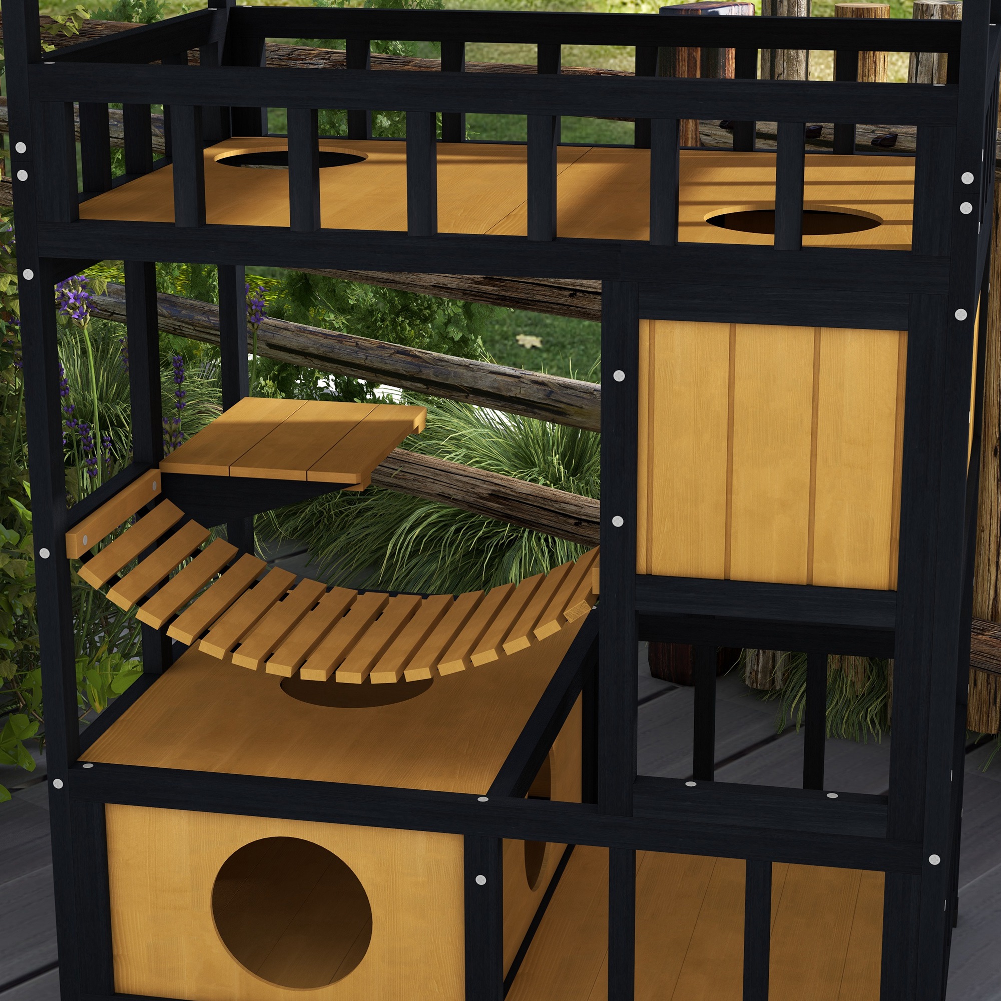 Outdoor Cat Shelter,Four-Tier Wooden Feral House,with Suspension Bridge,Cat — image 2