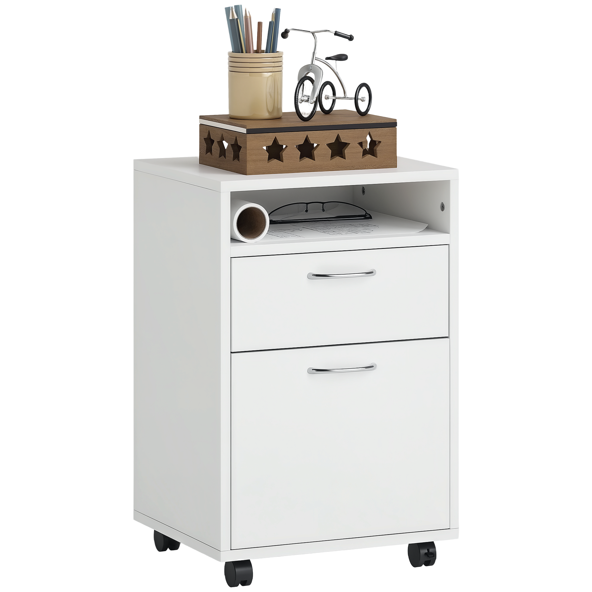 60cm Filing Cabinet With Drawer,Open Shelf,Metal Handles And 4 Wheels,Office — image 4