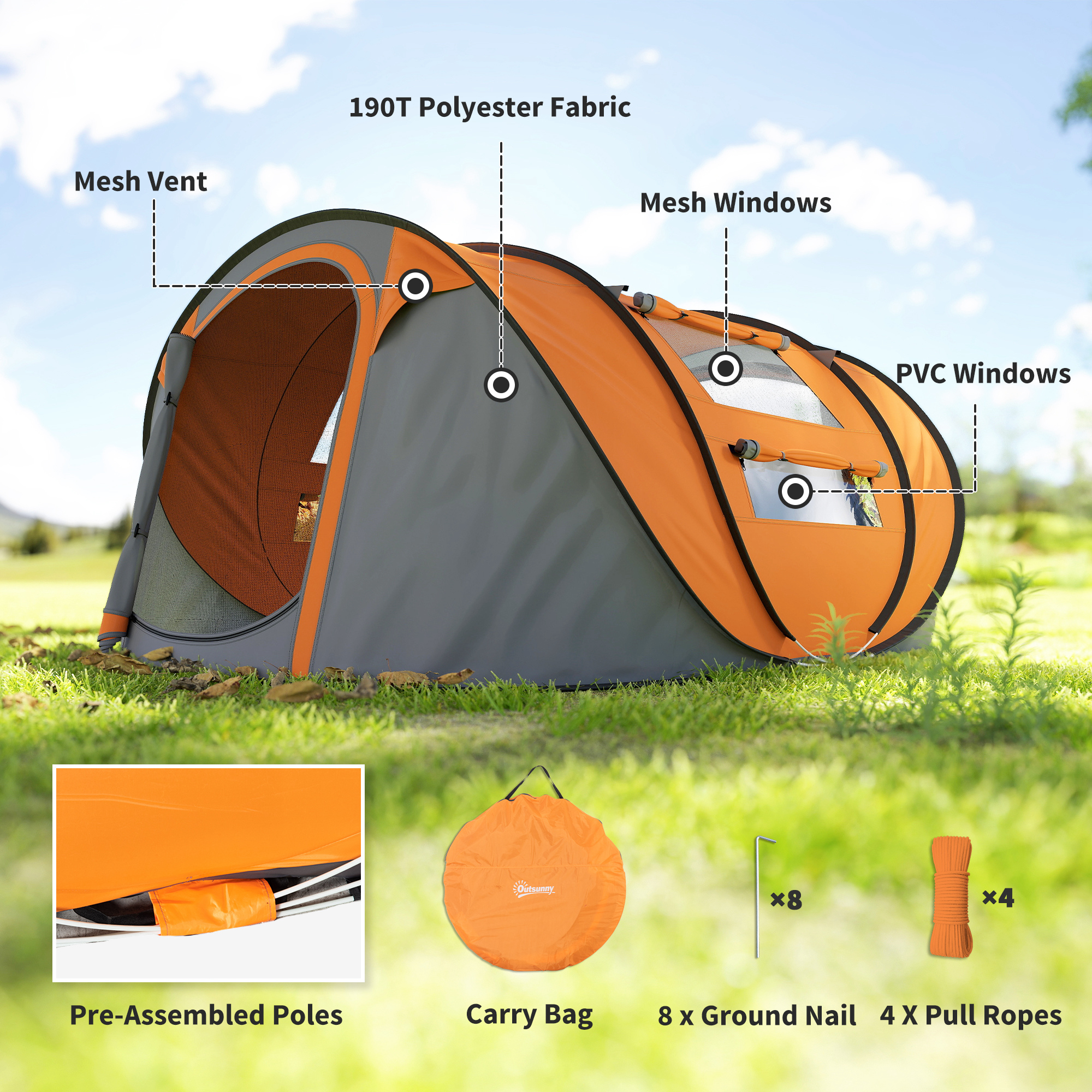 4 Person Pop-up Camping Tent Family With Ground Sheet,4 Windows And Portable — image 4