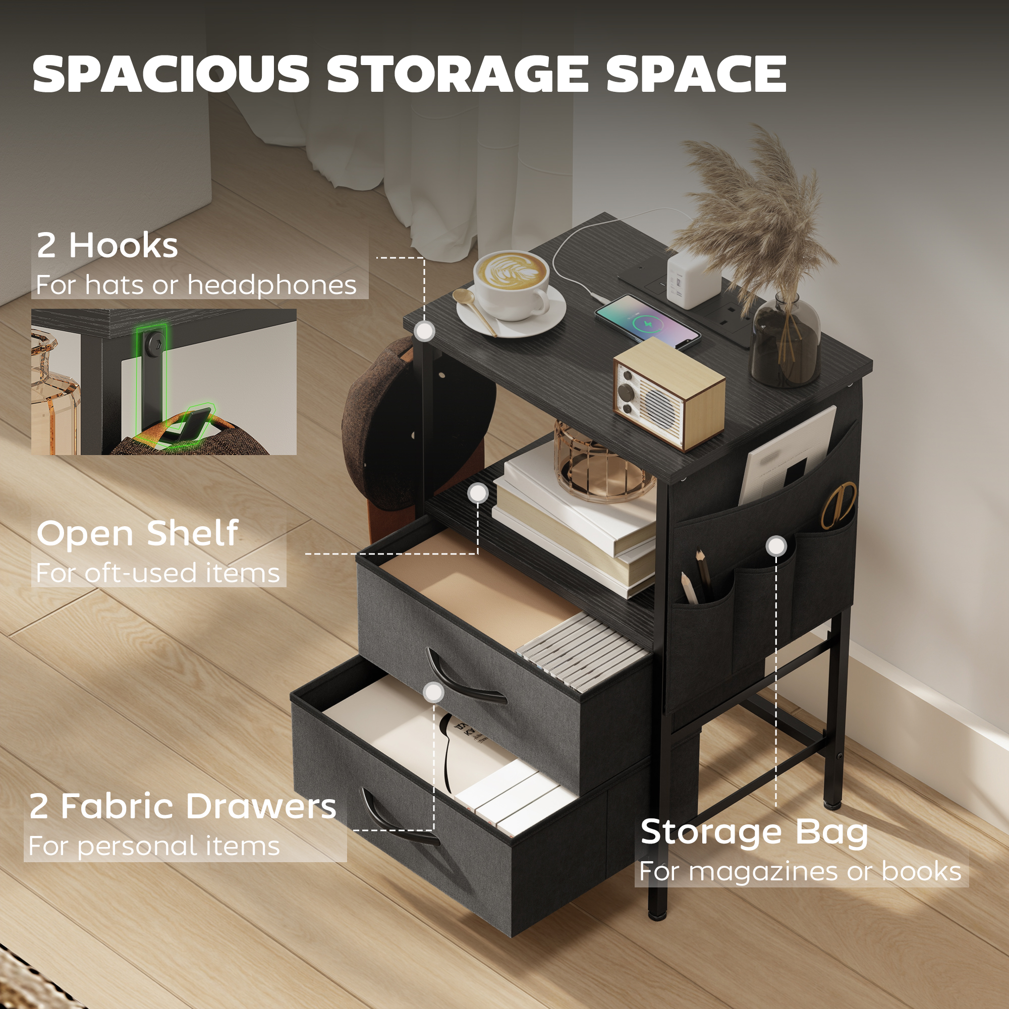 Bedside Table With Charging Station-Black