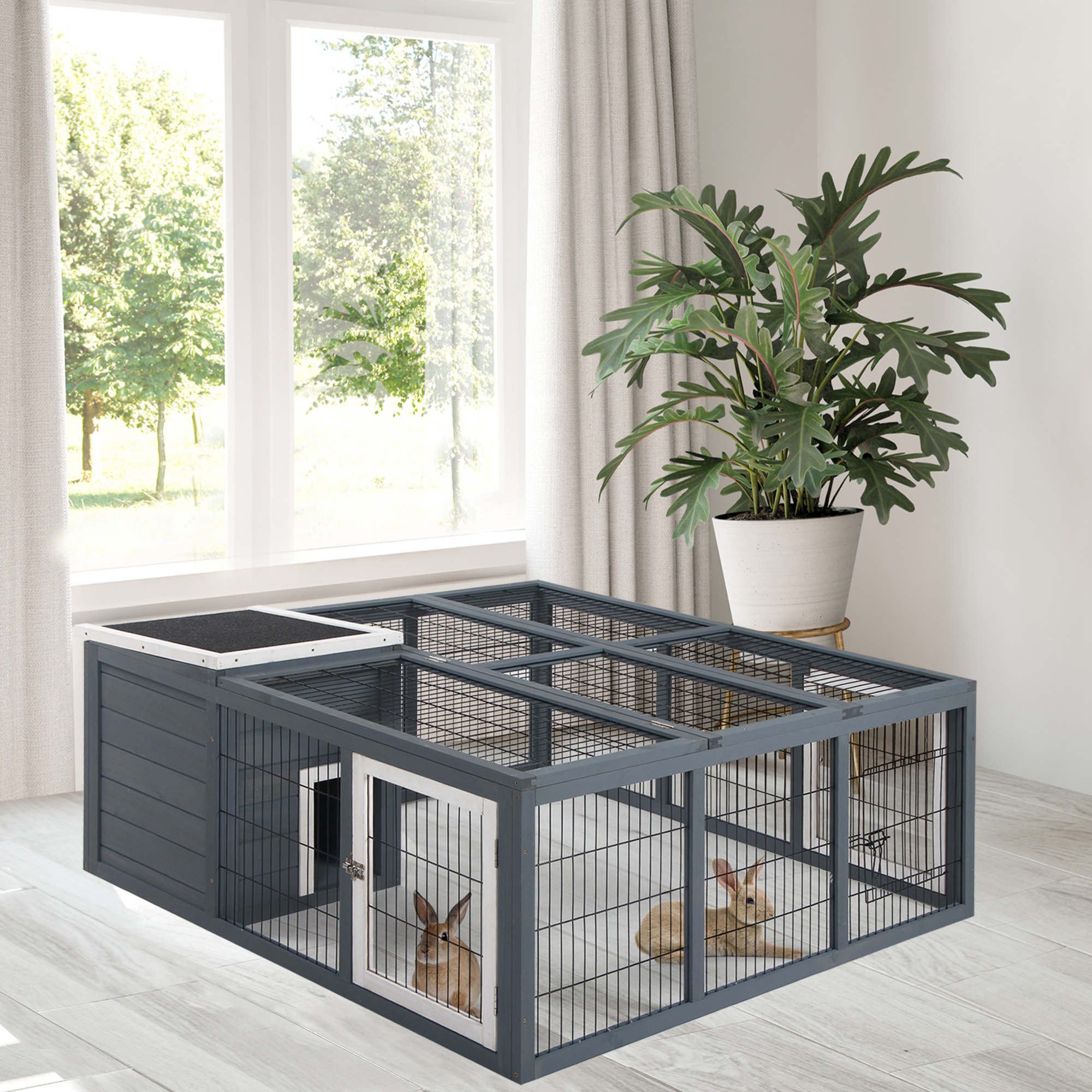 Rabbit Hutch Outdoor,Guinea Pig House,Bunny Run Cage With Openable Top For 1-2 Rabbits,123 X 120 X 52cm,Grey detail photo 9