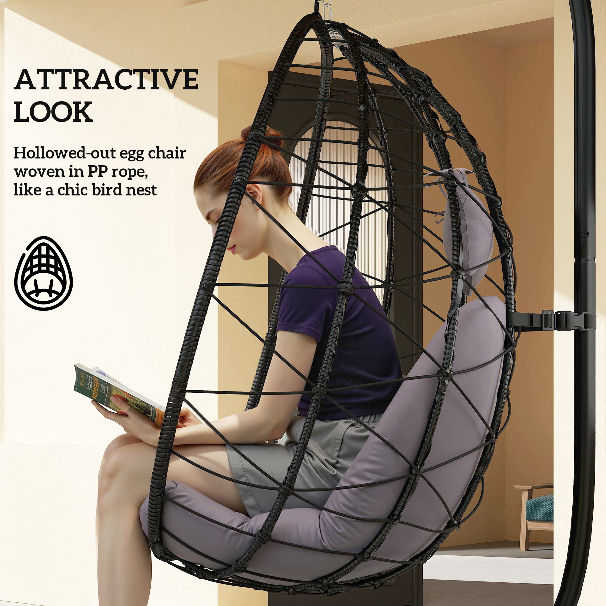 Hanging Egg Chair Outdoor Indoor Garden Swing With Folding Basket,Thickened — image 4