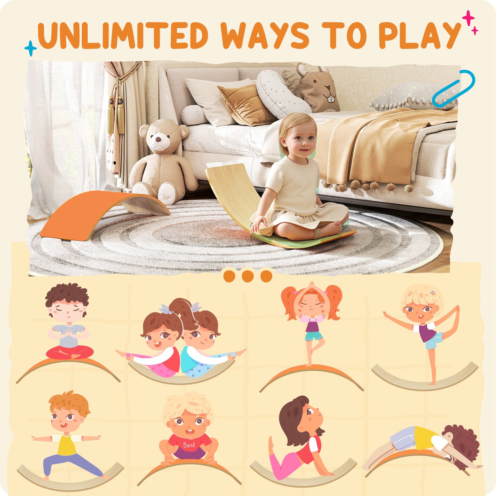 Wooden Balance Board For Kids,Wobble With Silent Felt Sensory Play,Orange