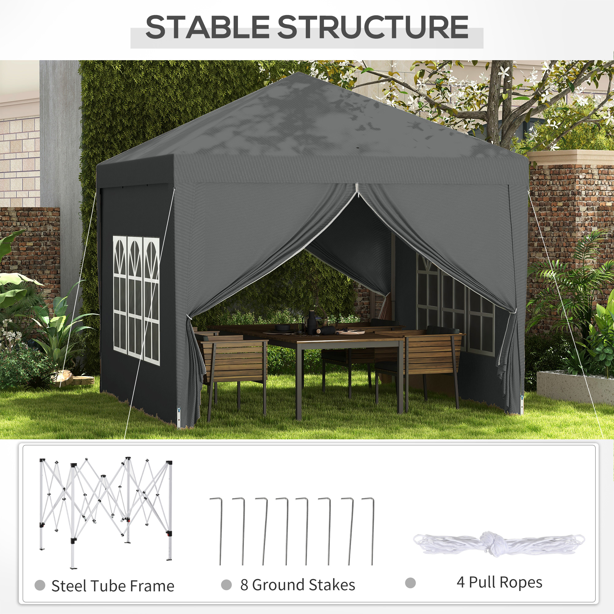 3x3(m) Pop-Up Gazebo,with Curtain Walls And Windows,Grey — image 3