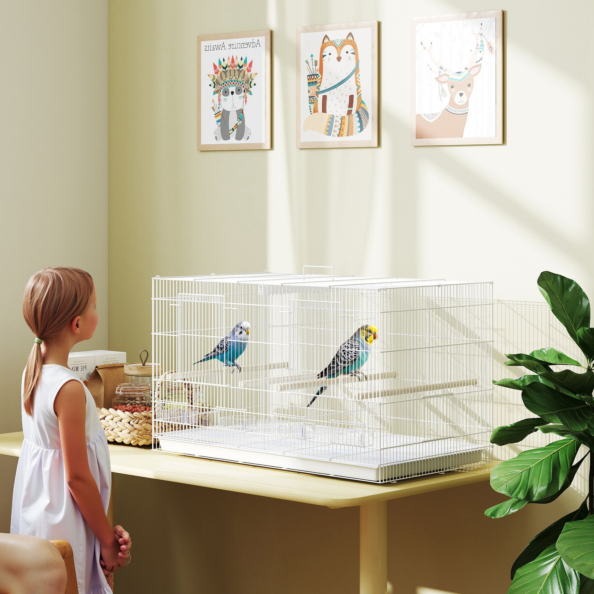 Bird Cage With Divider,4 Wooden Perches,Slide Out Tray,4 Feeders,for Budgie,Lovebird,Canary,76 X 46 X 46cm,White detail photo 10