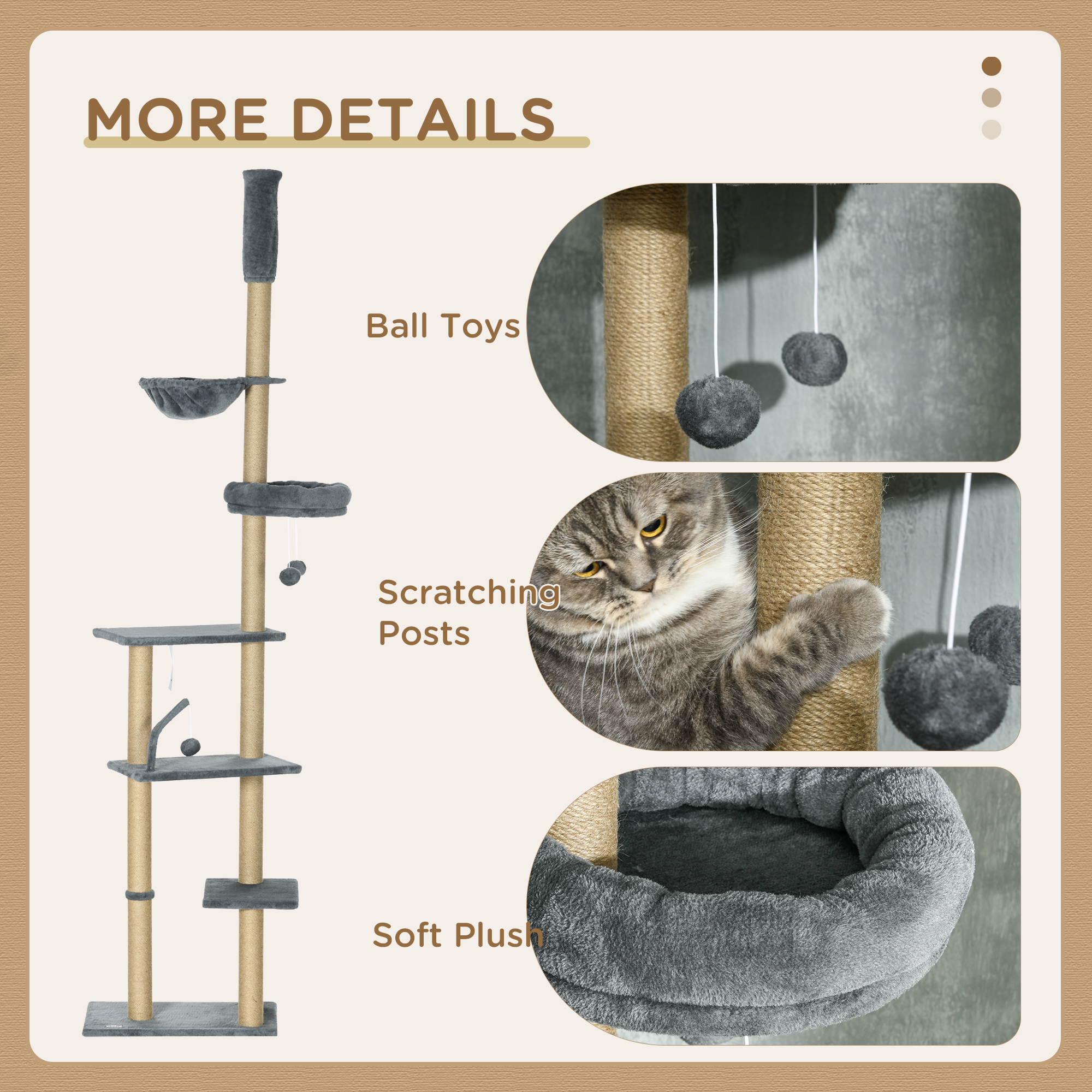 230-250cm Floor-to-Ceiling Climbing Cat Tree Tower-Grey — image 5