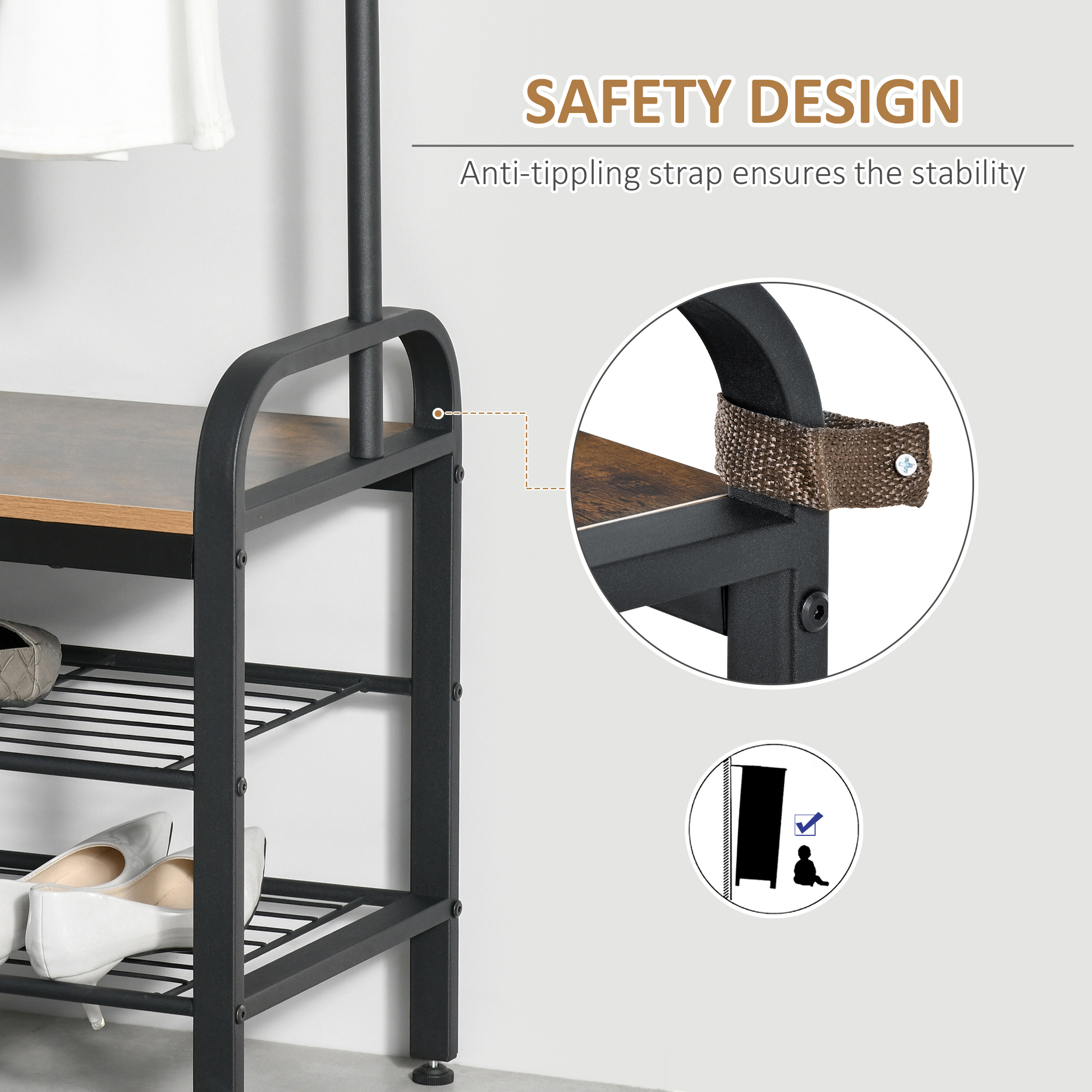 Coat Rack Stand Industrial Hallway Shoe Removable Hooks Metal Wood Hangers