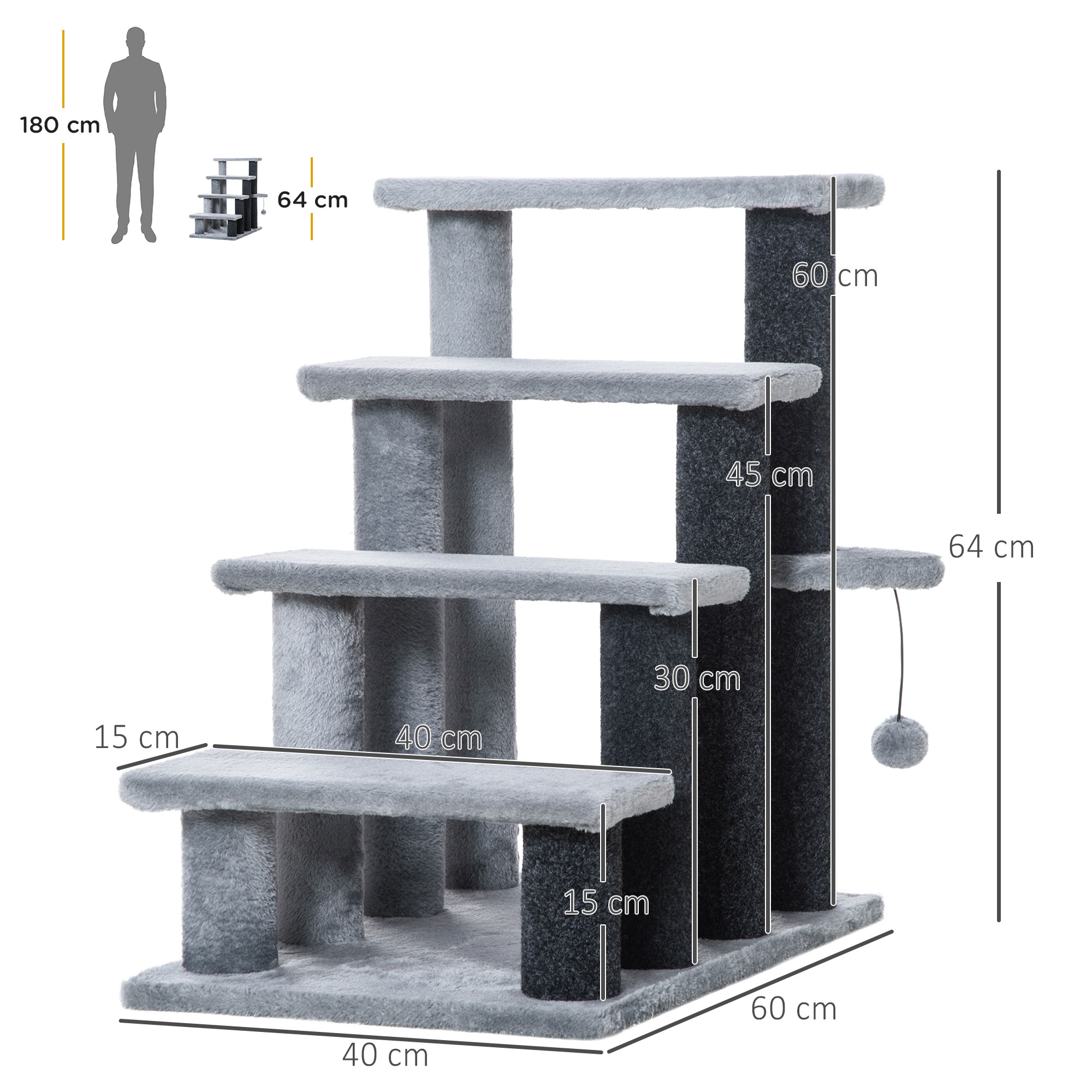 4-step Pet Stairs With Scratching Posts,Platforms,Toy Ball,Grey detail photo 8