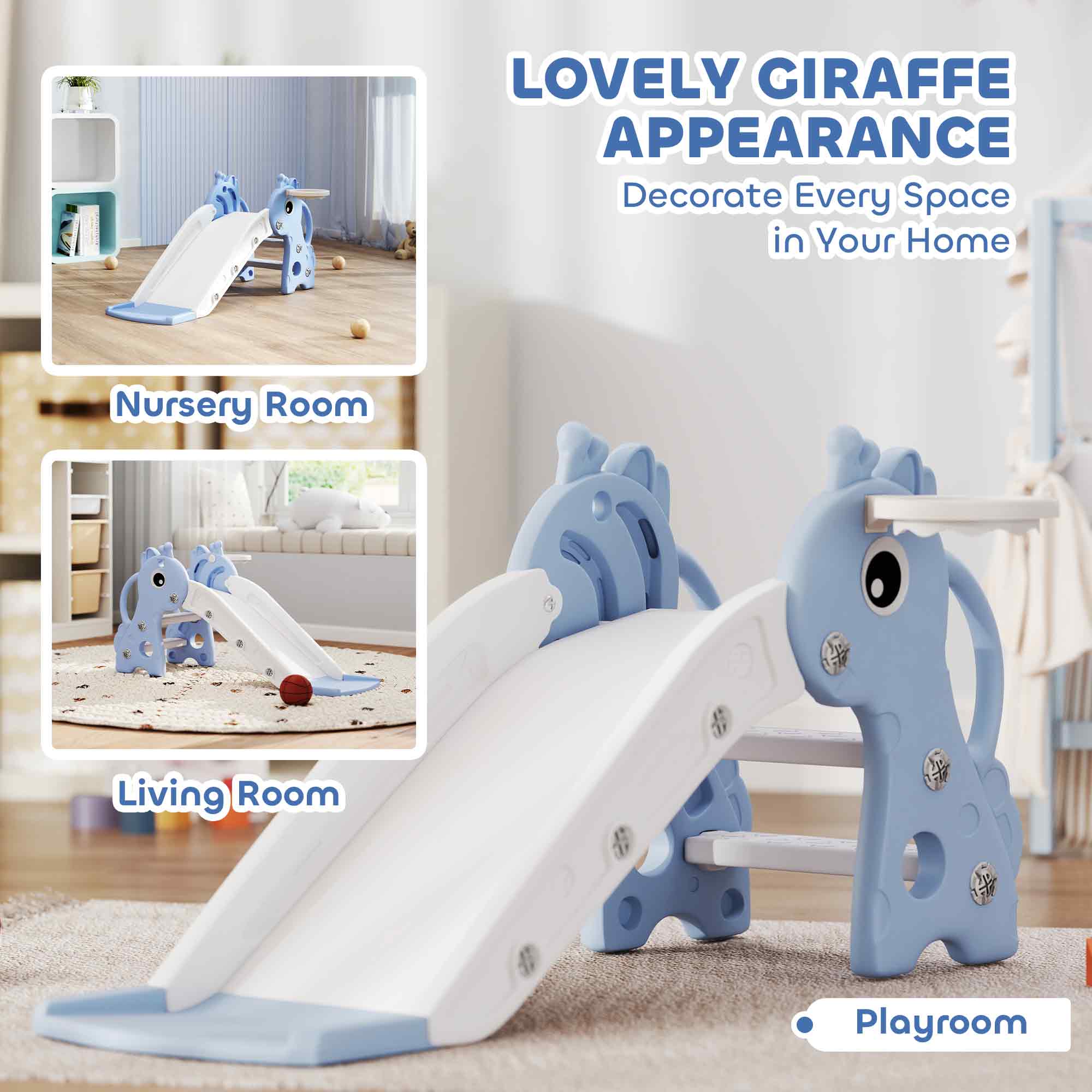 3 In 1 Kids Slide With Climber,Basketball Hoop And Ball,Giraffe Shape Climber — image 4