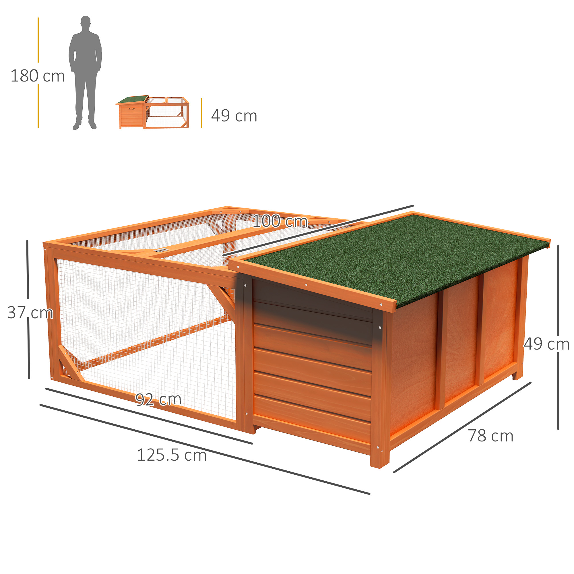 Rabbit Hutch Outdoor Guinea Pig Hutch With Run Small Animal Off-ground Duck House Hideaway Garden With Openable Roof 125.5 X 100 X 49cm Orange detail photo 8