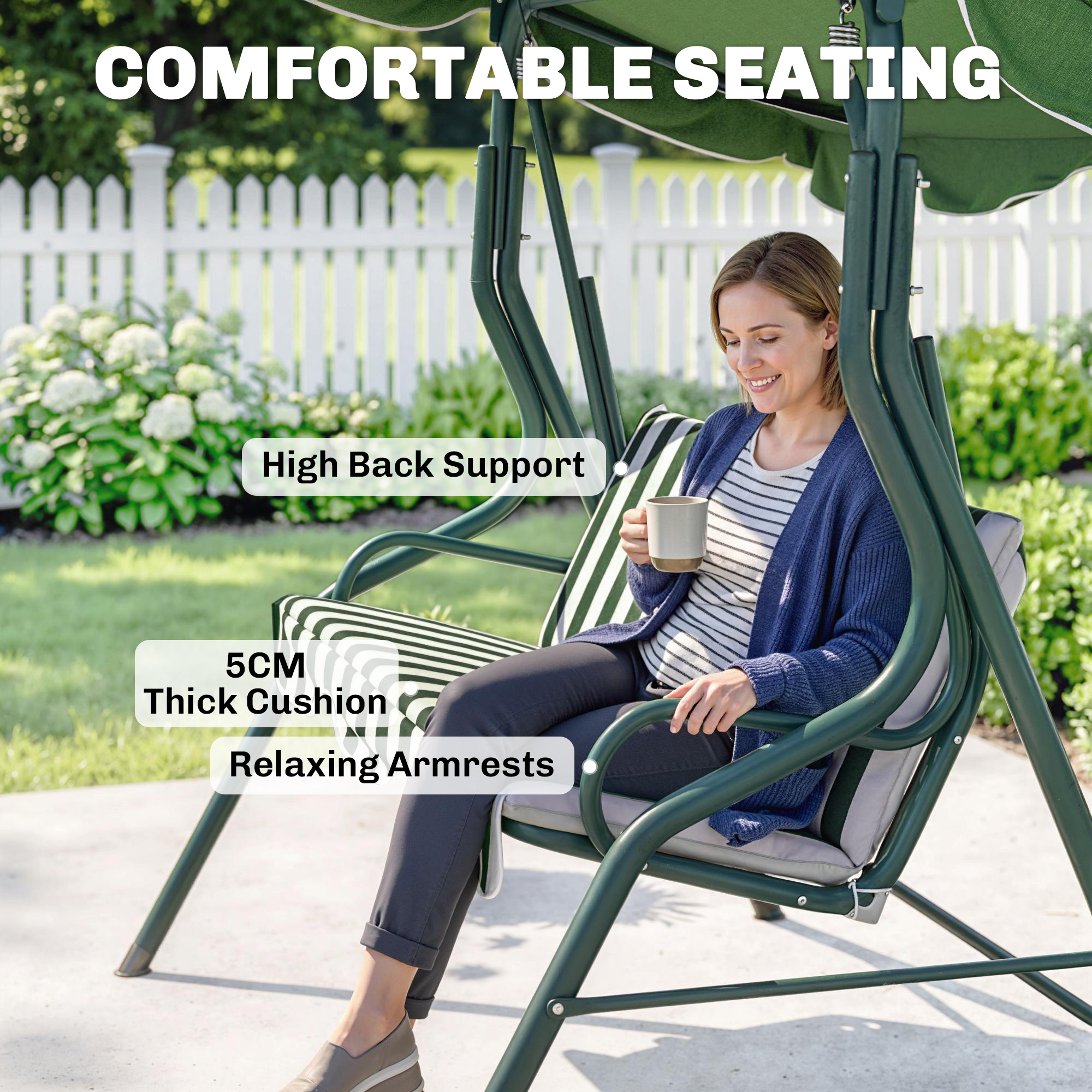 3 Seater Garden Swing Seat Chair Outdoor Bench With Adjustable Canopy And Metal