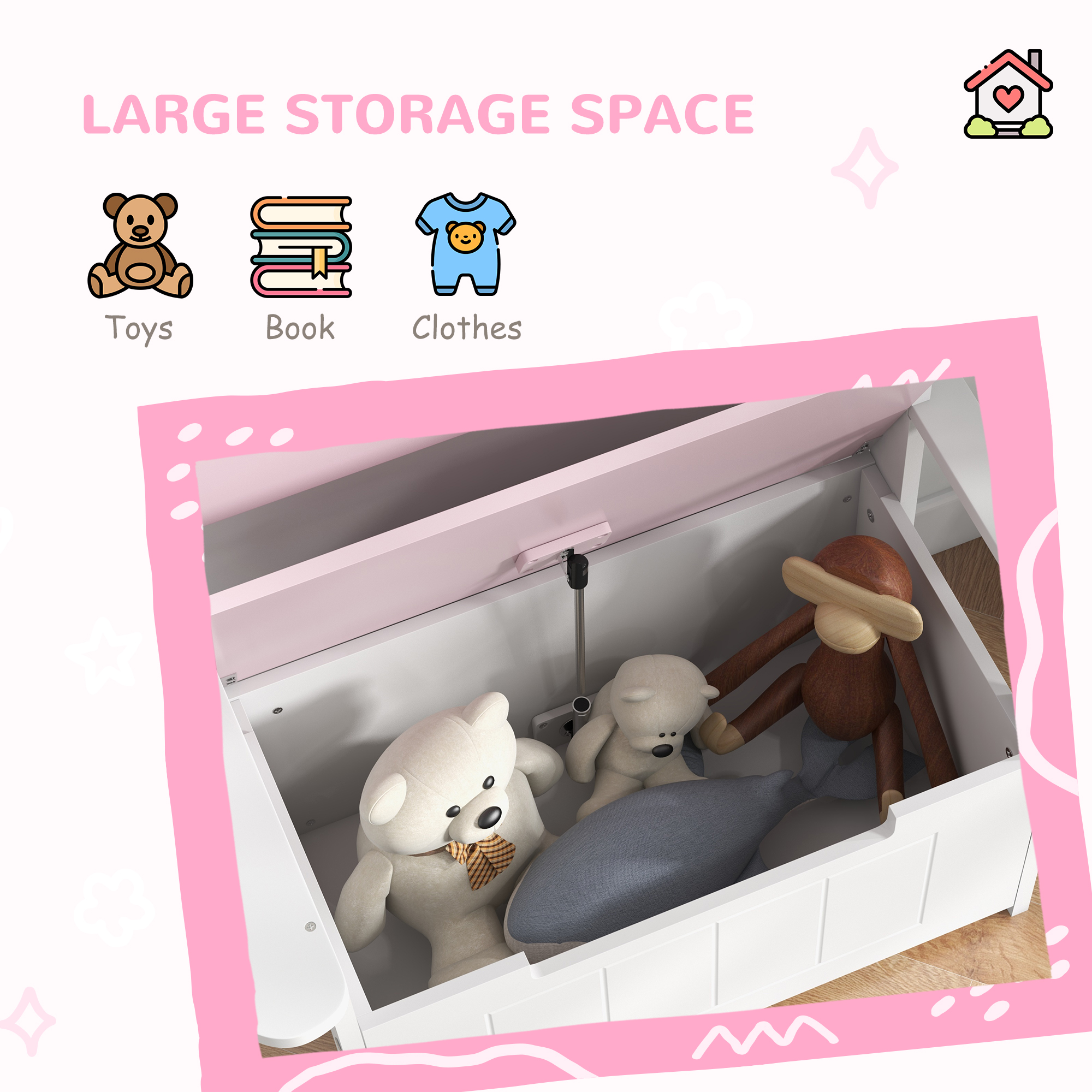 2-in-1 Toy Box For Kids With Lid Bedroom,Nursery,Playroom,Pink — image 3