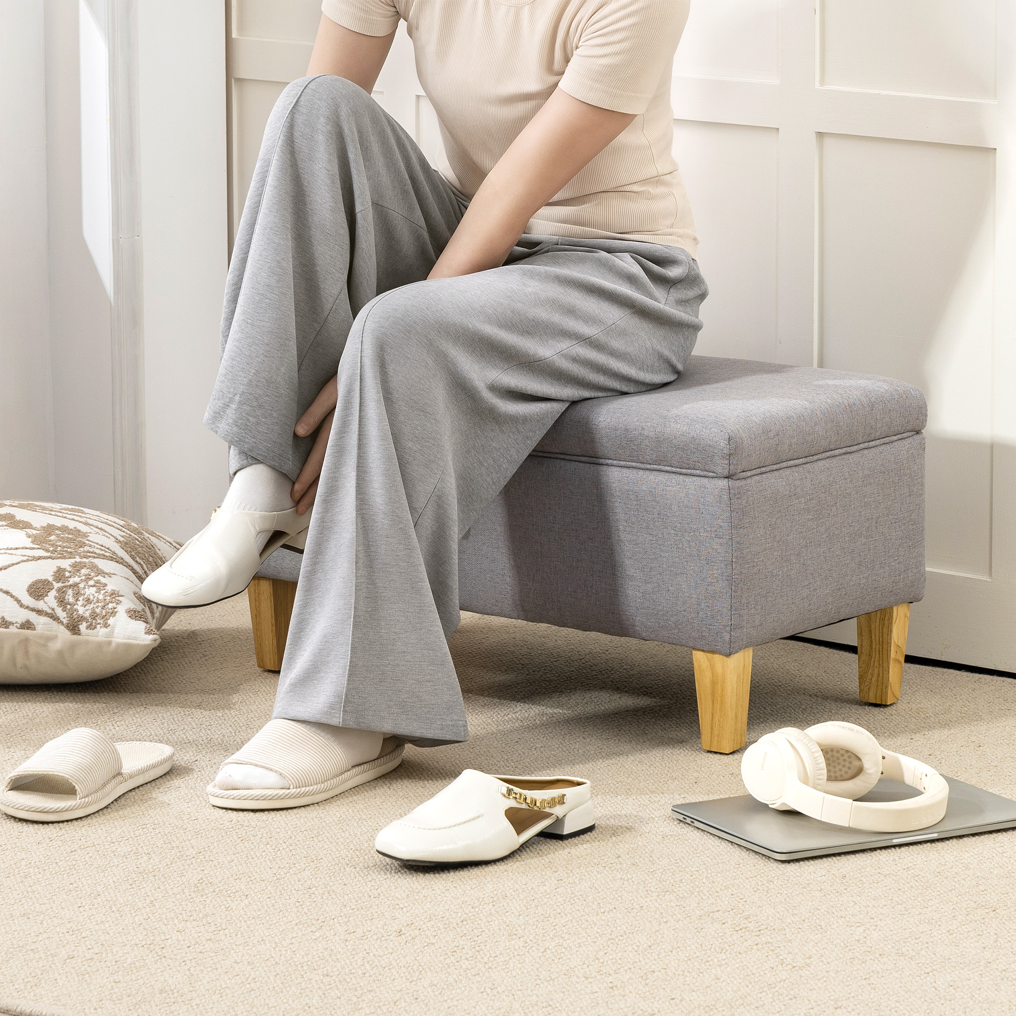 30L Linen Storage Ottoman Padded Footstool With Rubberwood Legs For Box,Bed — image 2