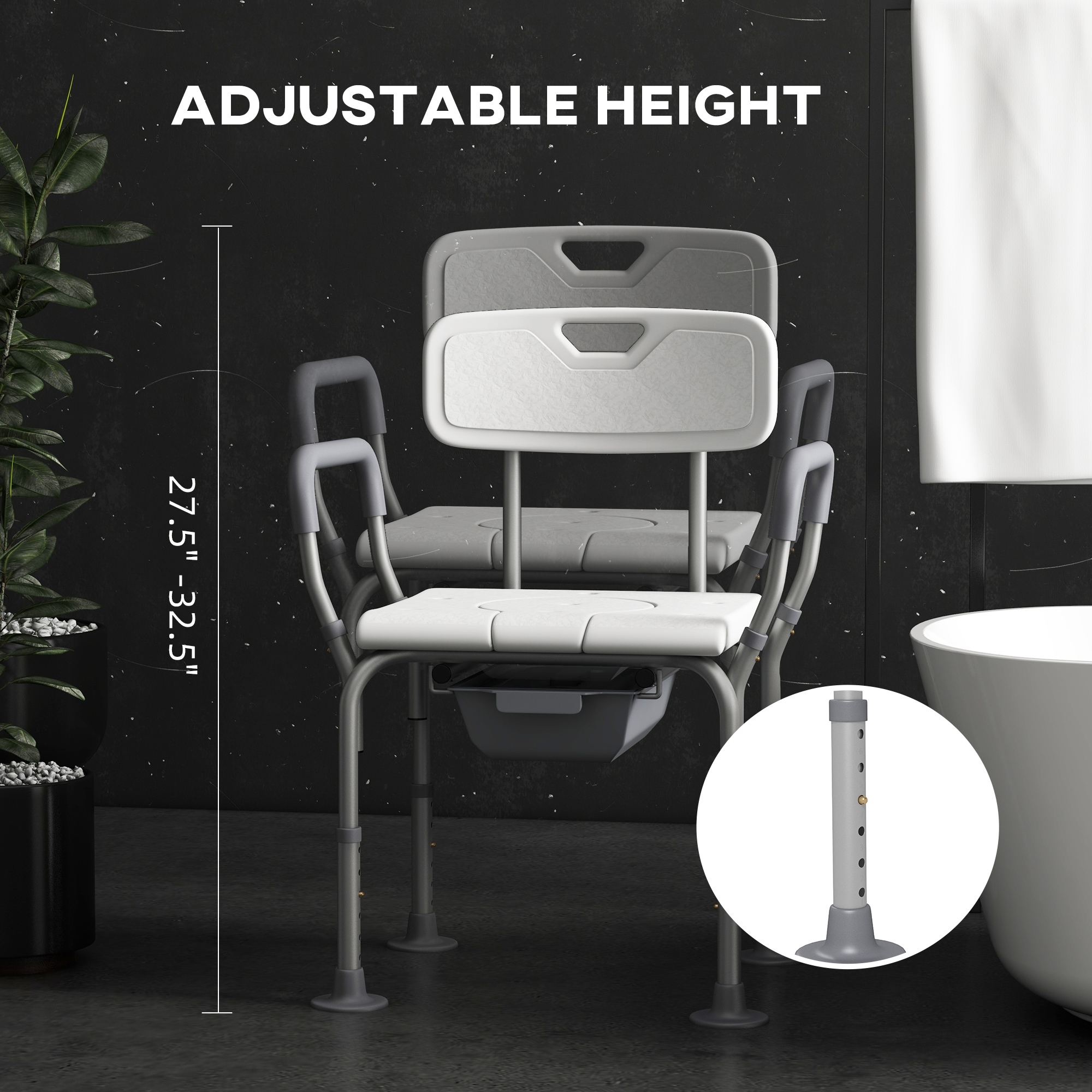 Height adjustable shower stool with arms and back,non-slip