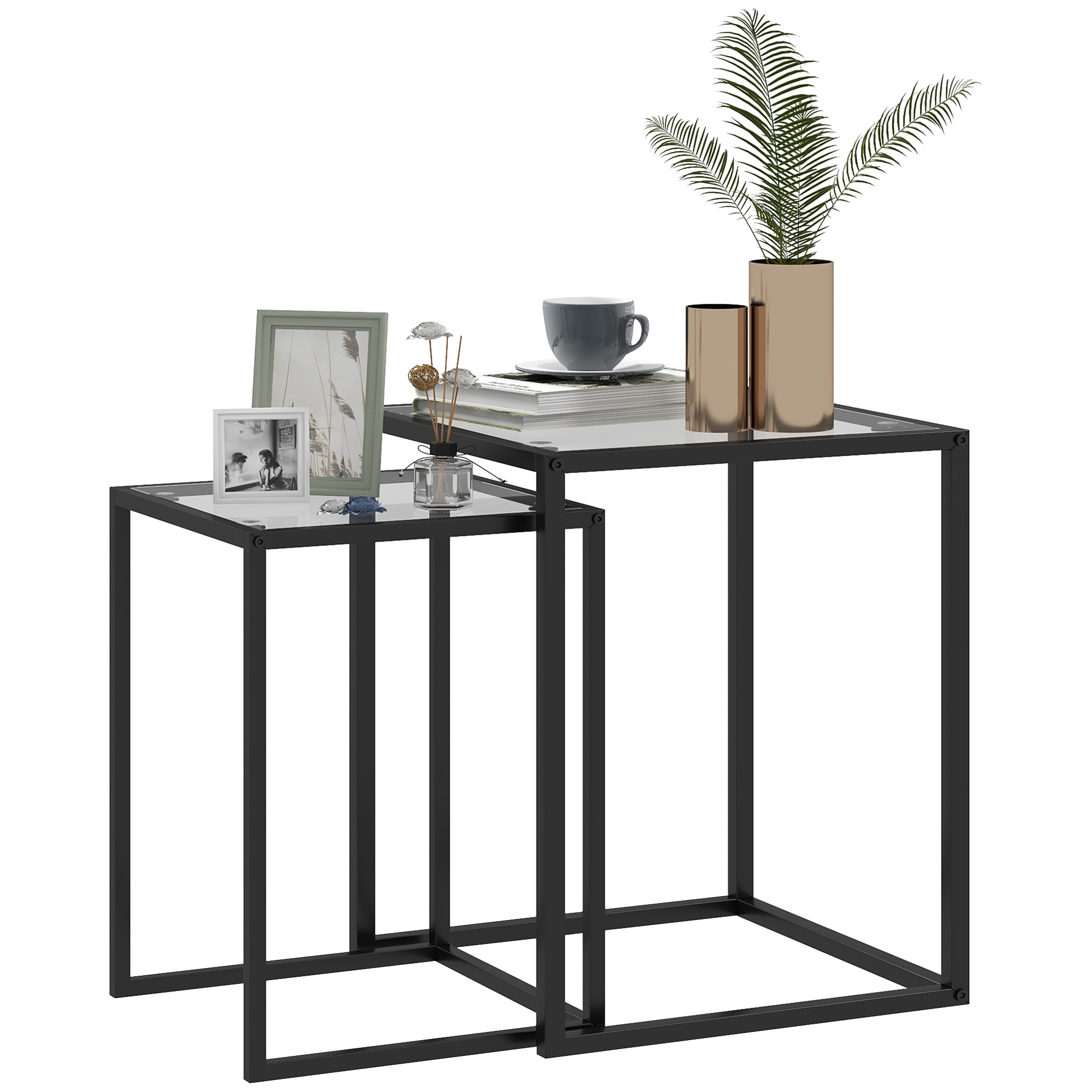 Nesting Tables Set Of 2,Side End Table With Tempered Glass Top And Steel Frame — image 2