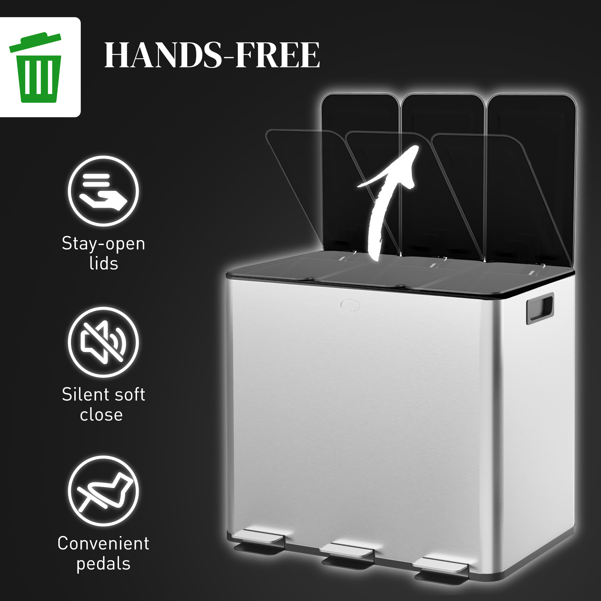 3 X 15L Pedal Bin,Steel Triple Kitchen Bin With Soft Close Lid,Removable Inner — image 5