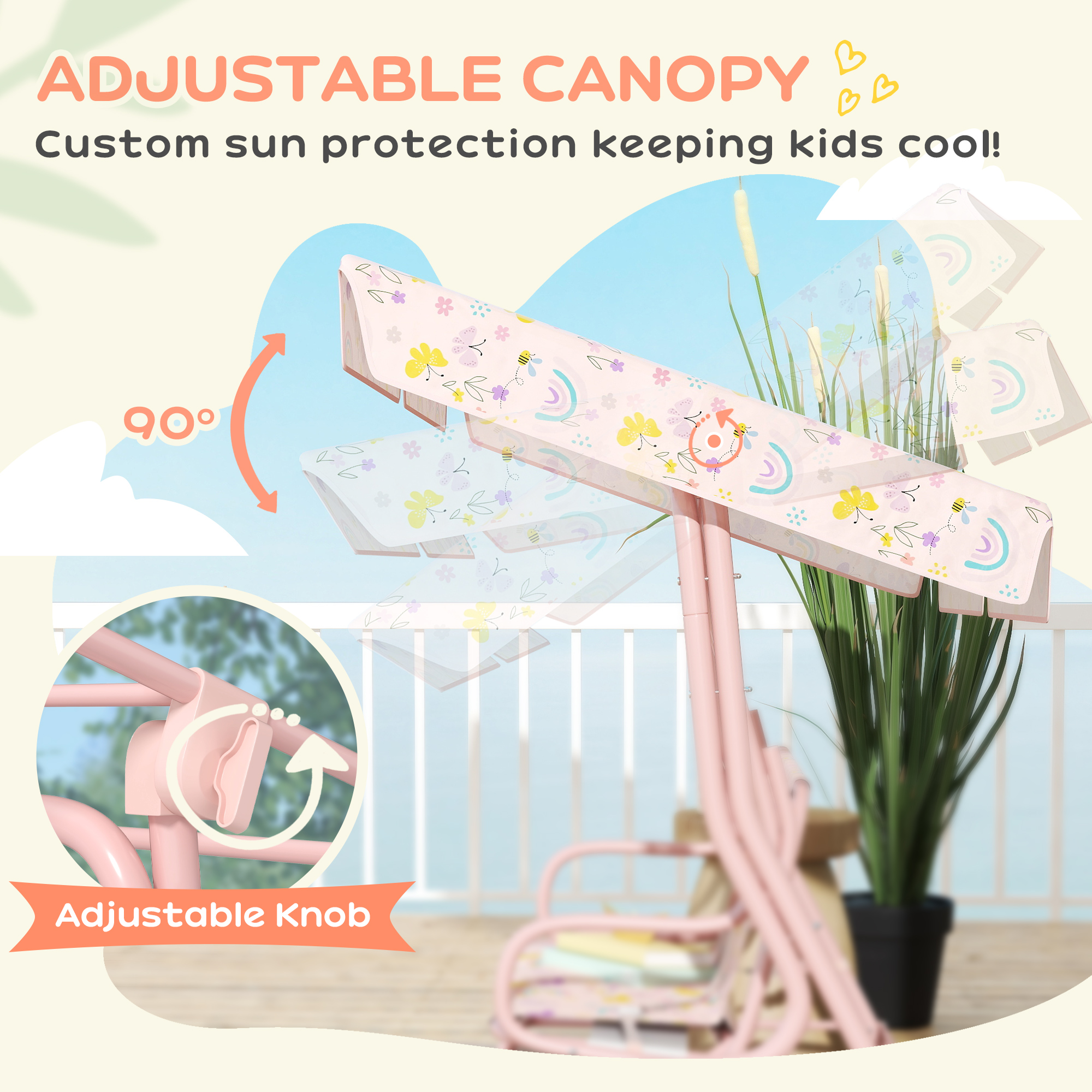 Kids Garden Swing Chair With Adjustable Canopy,Safety Belt,2 Seater Hammock