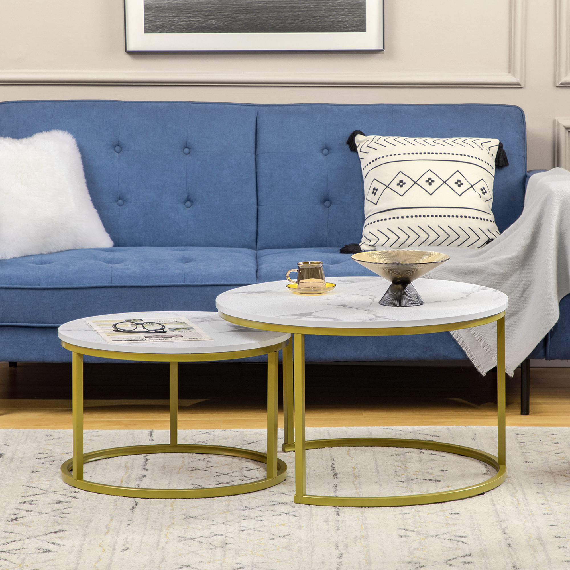 Coffee Table Set Of 2,Round Nest Of Tables With Metal Frame,Modern Side — image 3
