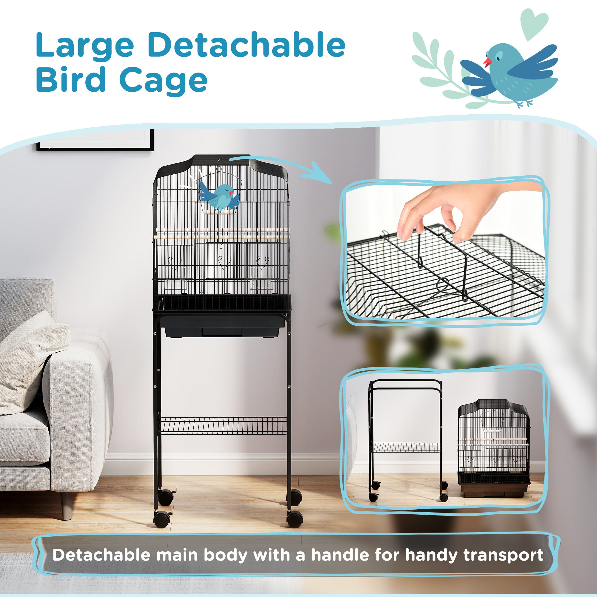 Bird Cage Budgie Cages For Finch Canary Parakeet With Stand Wheels Slide-out Tray Accessories Storage Shelf,Black detail photo 7
