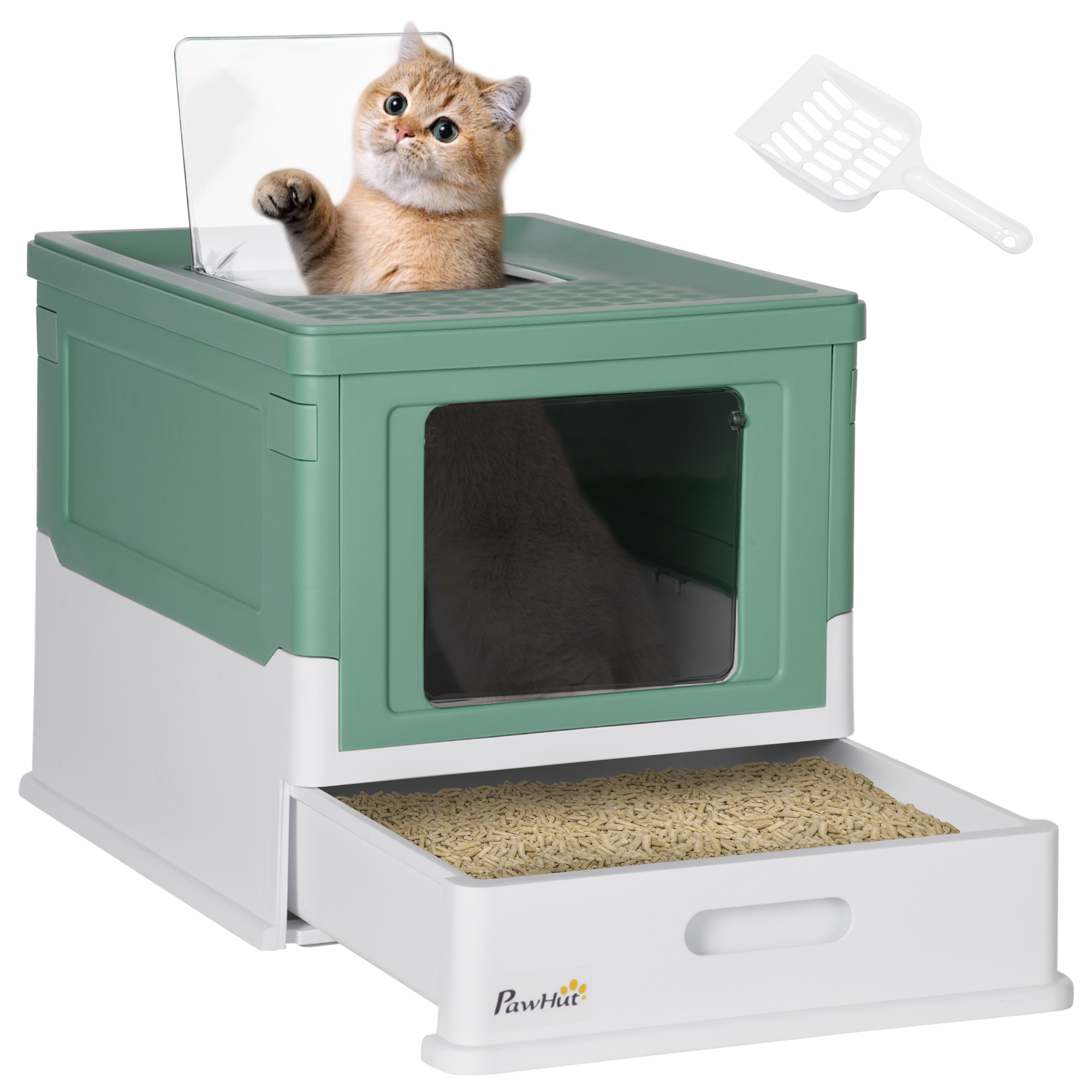 Hooded Cat Litter Box,Portable Pet Toilet,with Scoop,Front Entry-Green — image 4