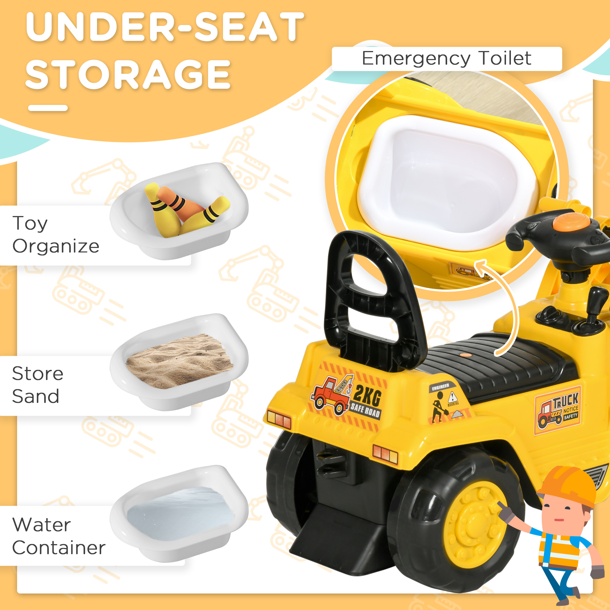 NO POWER 3 In 1 Ride On Toy Bulldozer Toddler Digger Excavator Scooter Storage — image 3