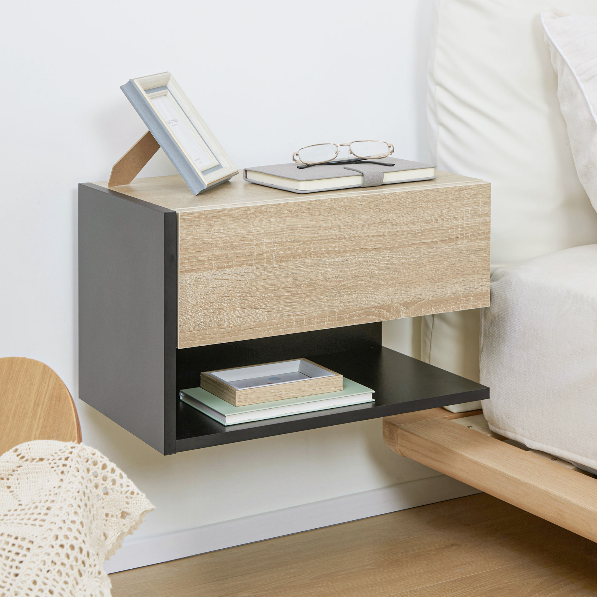 Floating Bedside Table Set Of 2,Wall Mounted Cabinet With Drawer And Open