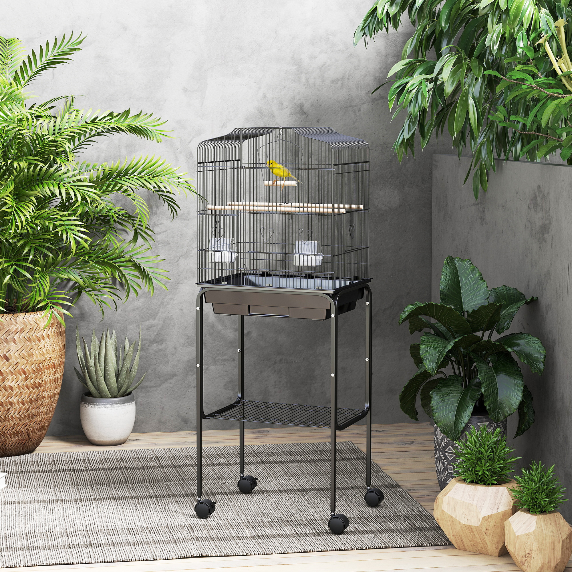 Bird Cage Budgie Cages For Finch Canary Parakeet With Stand Wheels Slide-out Tray Accessories Storage Shelf,Black detail photo 9