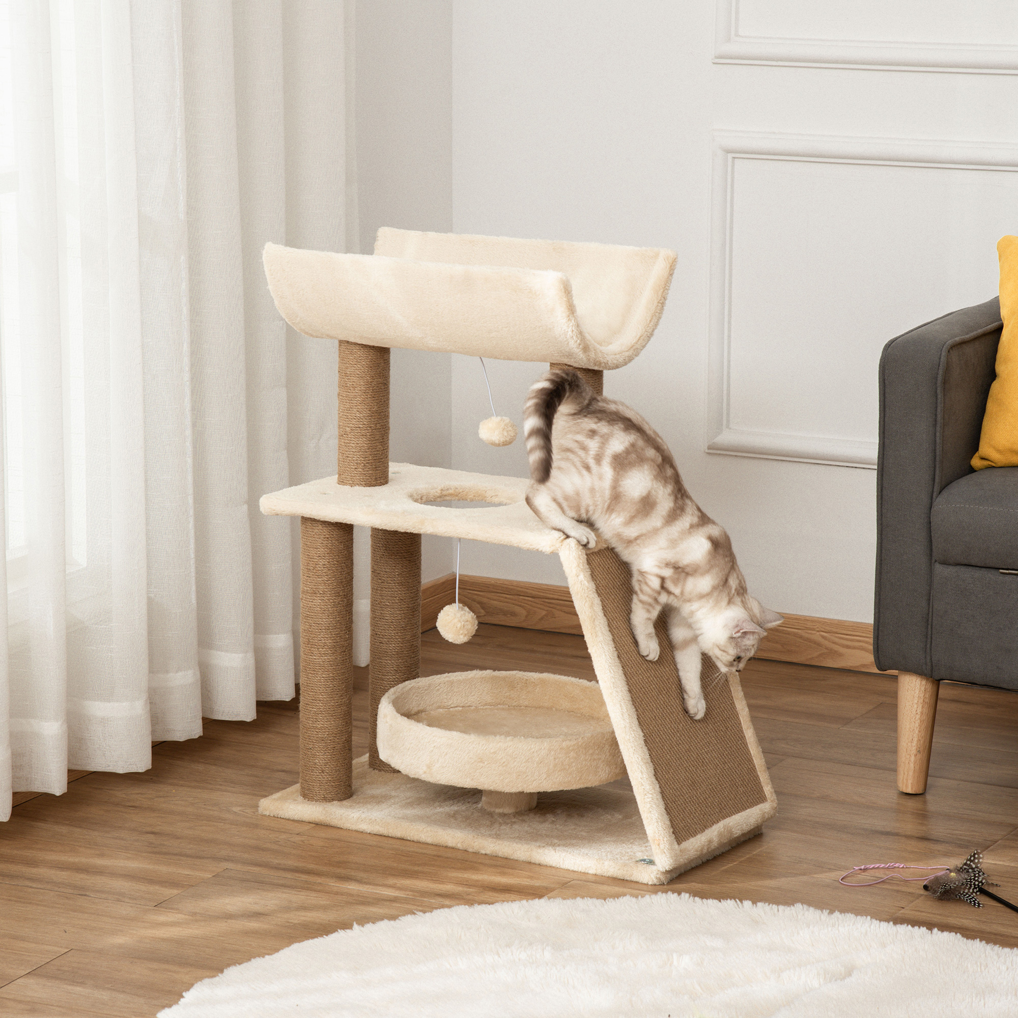 Cat Tree Tower,with Scratching Posts,Pad,Bed,Perch,Toy Ball-Light Brown — image 3