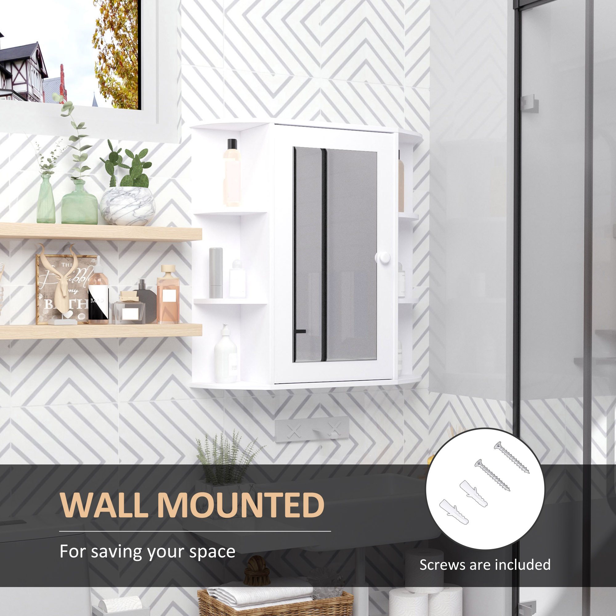 Wall Mounted Bathroom Cabinet With Mirror Single Door Storage Organizer 2-tier — image 4