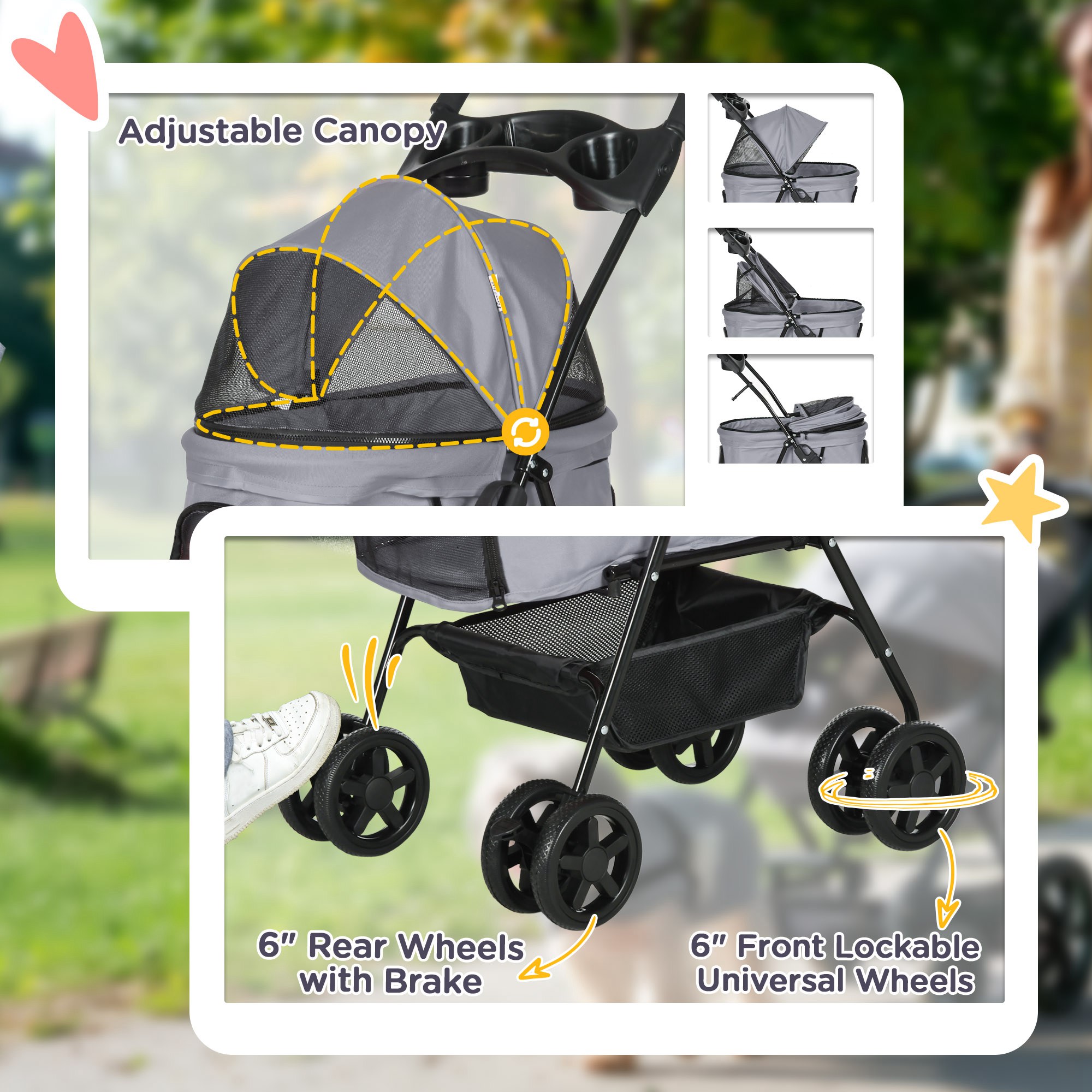 Dog Pram Stroller Foldable Pet Pushchair With 4 Wheels,Safety Leashes,Cup