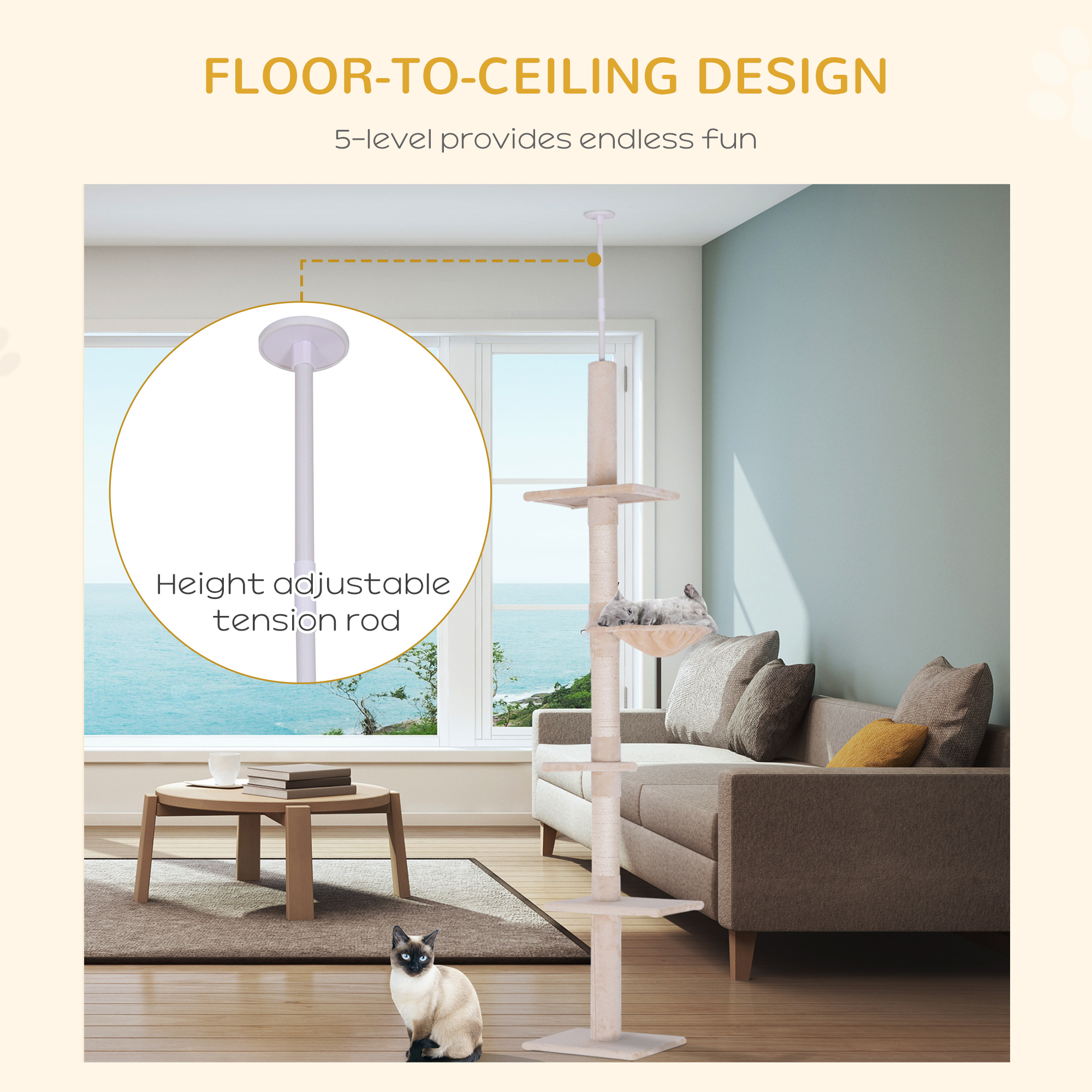 Floor To Ceiling Cat Tree 230-260cm Height Adjustable,5-Tier Tower — image 2