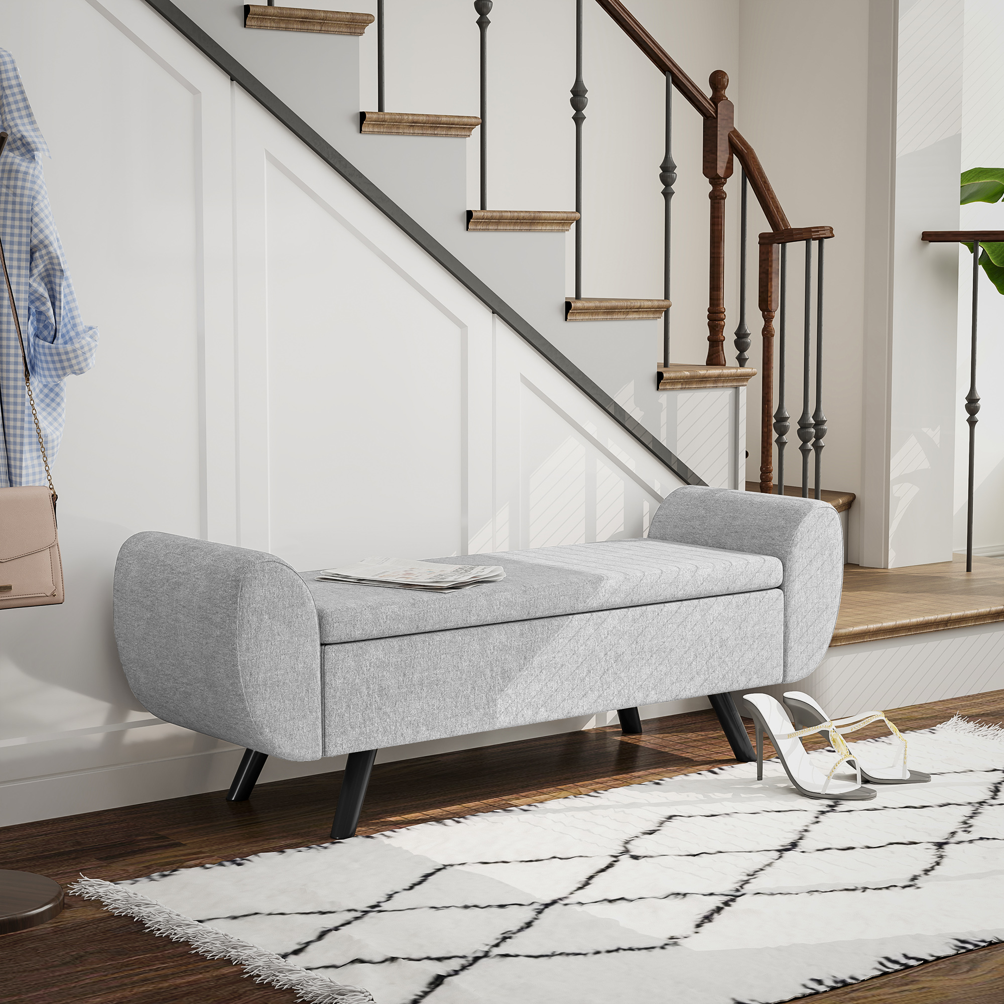 Storage Ottoman With Armrest,Upholstered Linen Bench,Window Seat Rubberwood — image 5