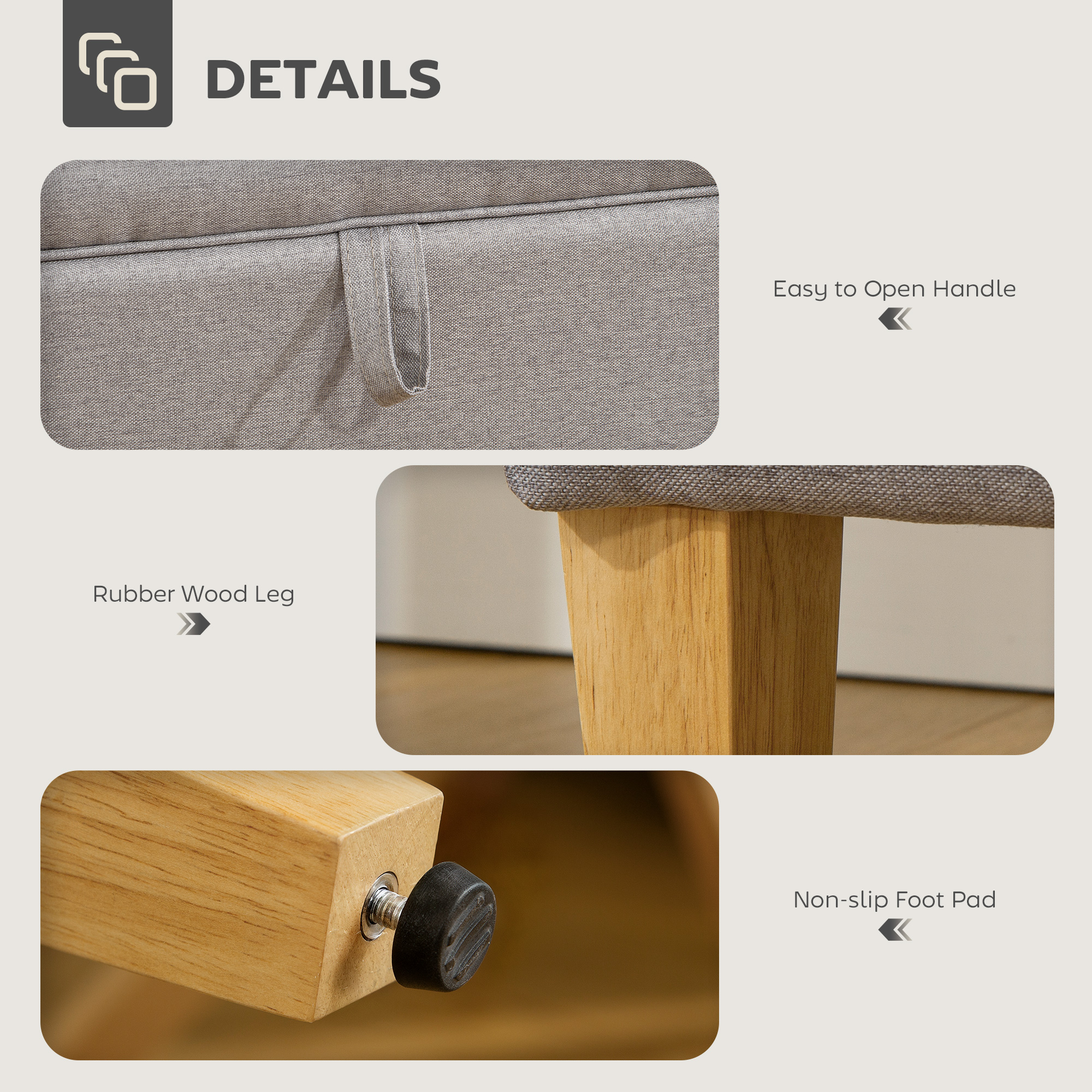 30L Linen Storage Ottoman Padded Footstool With Rubberwood Legs For Box,Bed — image 3