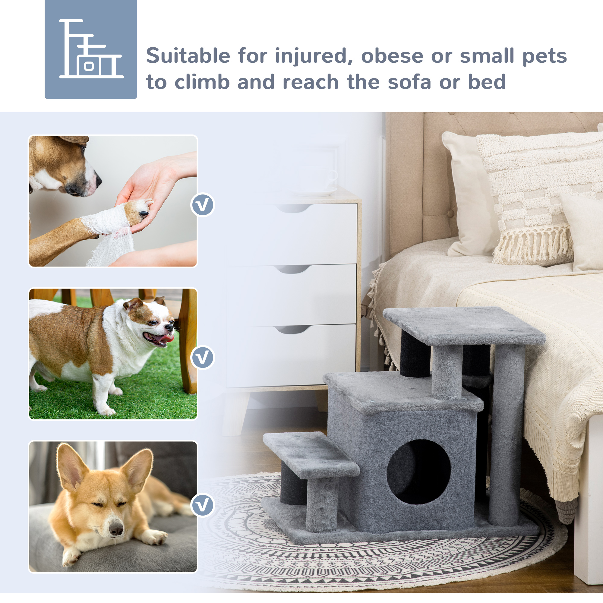 Adjustable Cat Steps,with House & Hanging Toy Ball-Grey detail photo 9