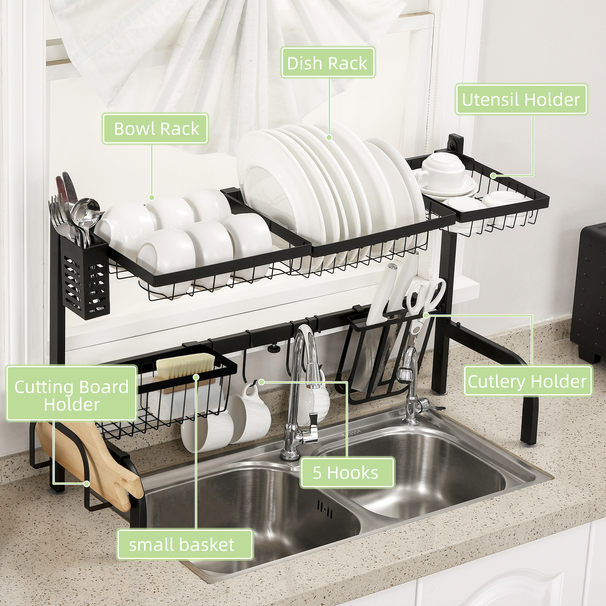Space saving 2 tier adjustable dish drainer over the sink