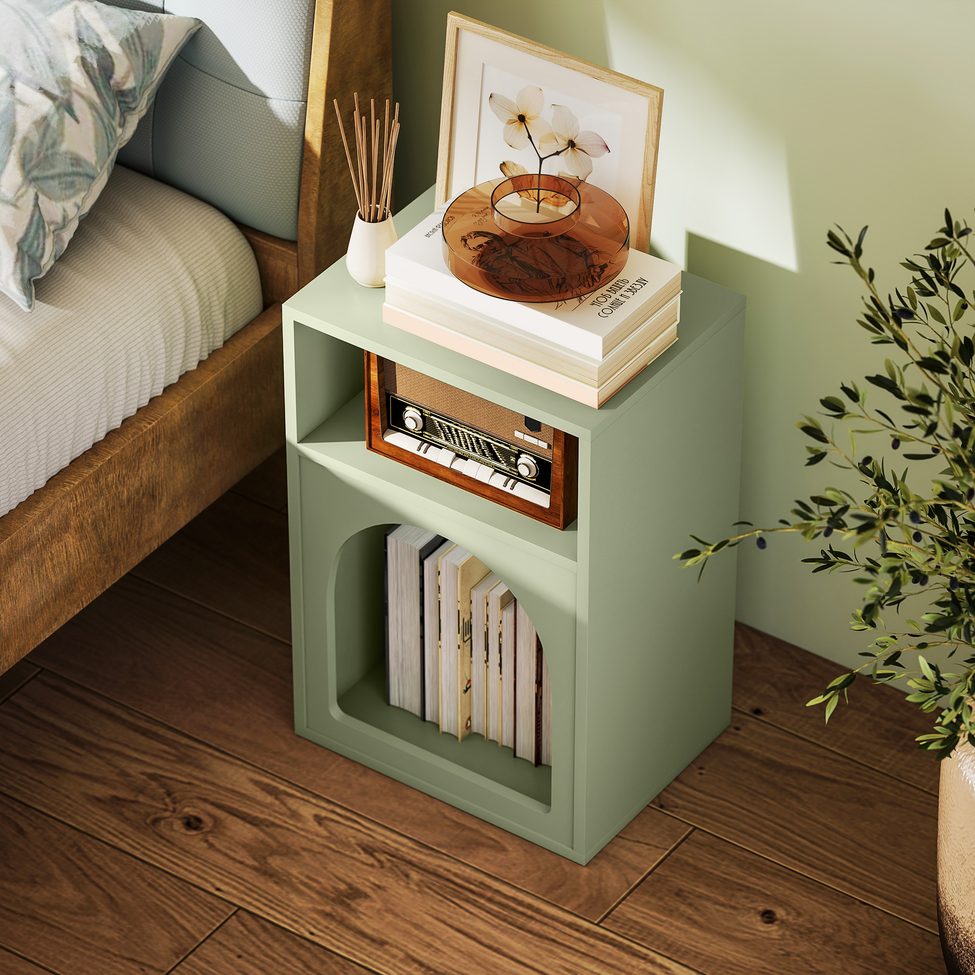 Bedside Table With 2 Open Compartments-Light Green — image 4