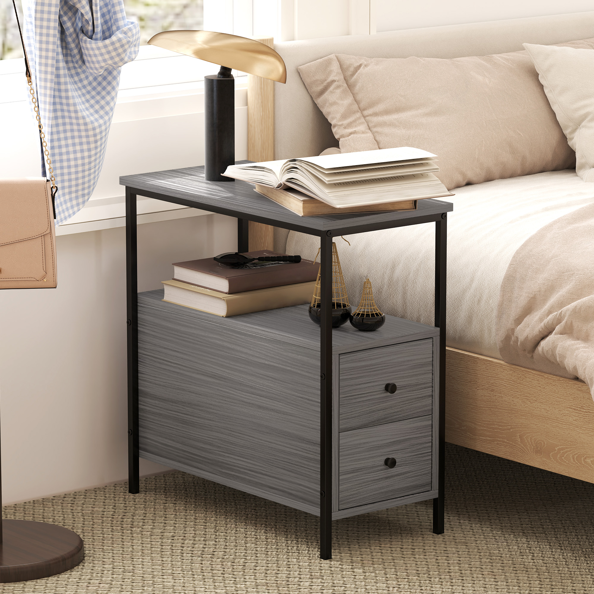Side Table,Narrow Bedside Table With 2 Drawers And Storage Shelf,Industrial End