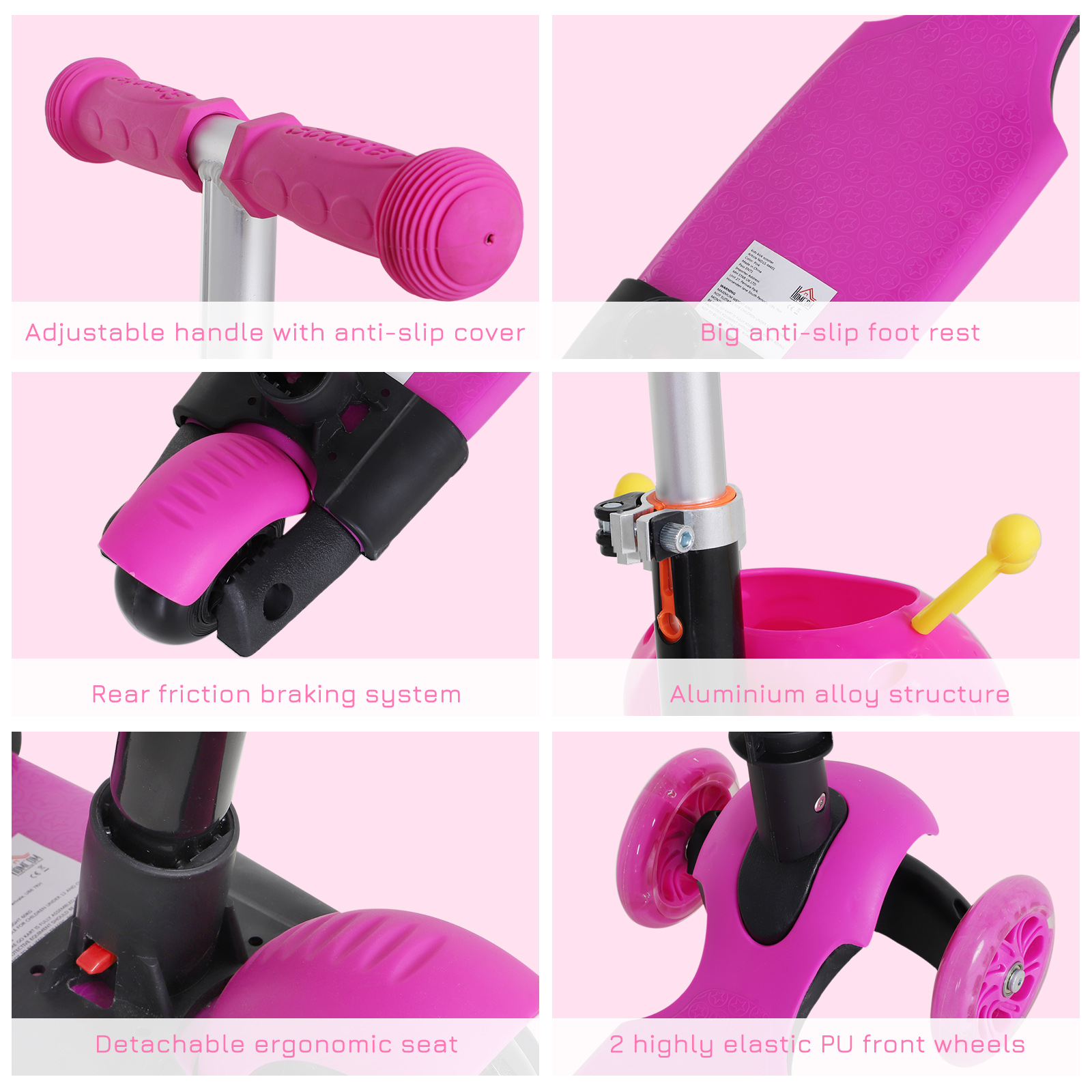 Adjustable Kids Toddler Scooter,with Removable Seat,Back Handle,Pink — image 2